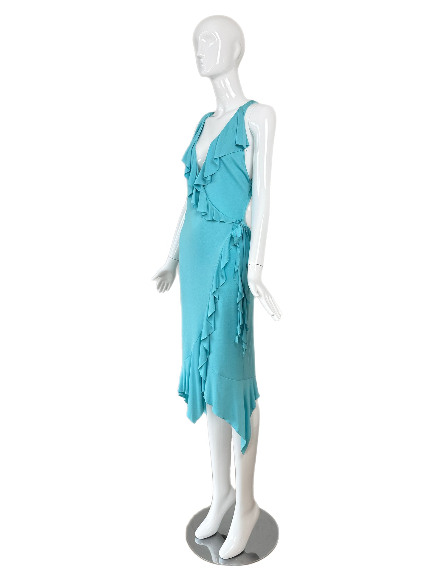 VERSACE 2004 Vintage Aqua Blue Ruffle Wrap Dress