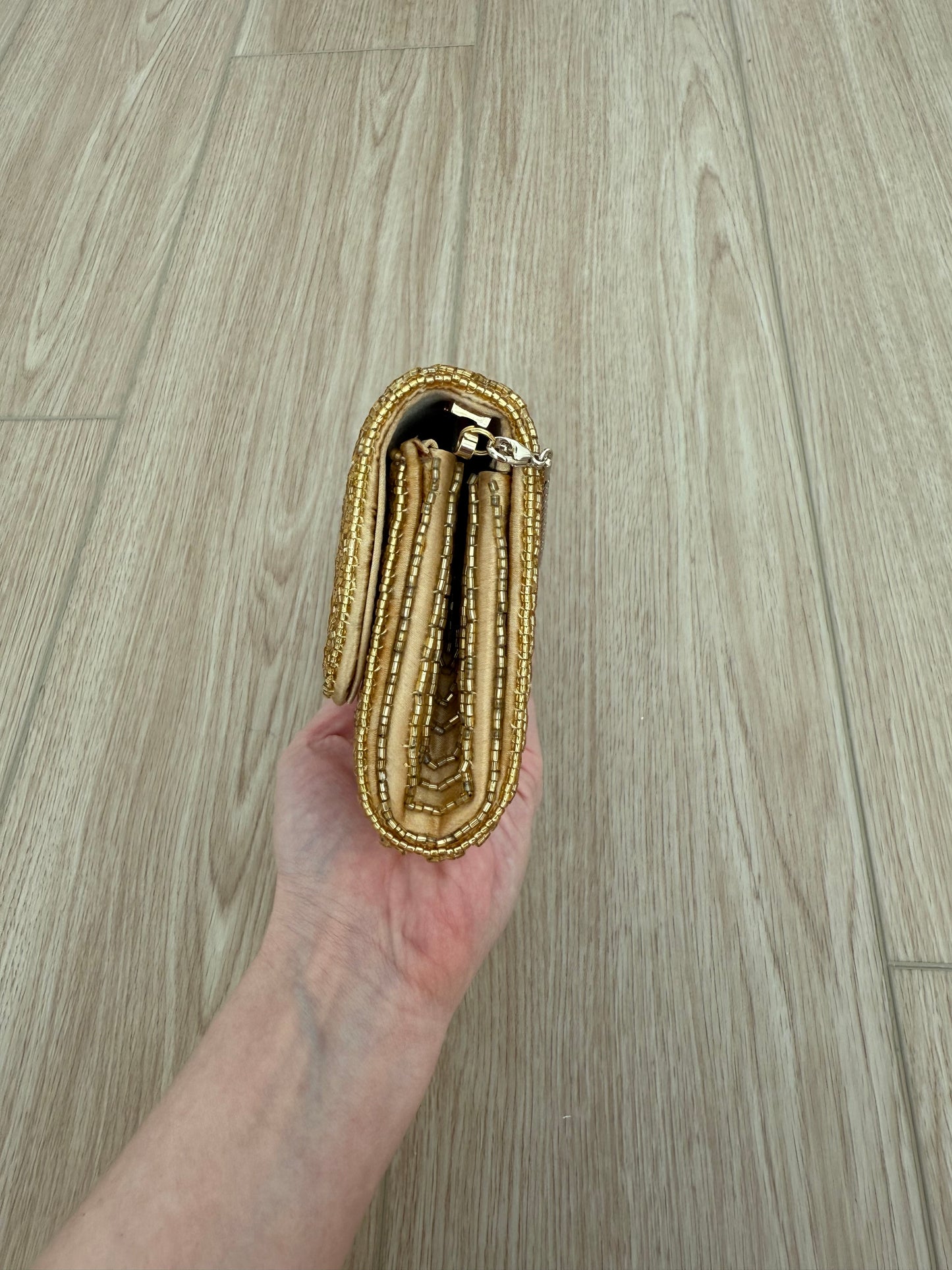 BADGLEY MISCHKA Gold Beaded Satin Envelope Evening Bag