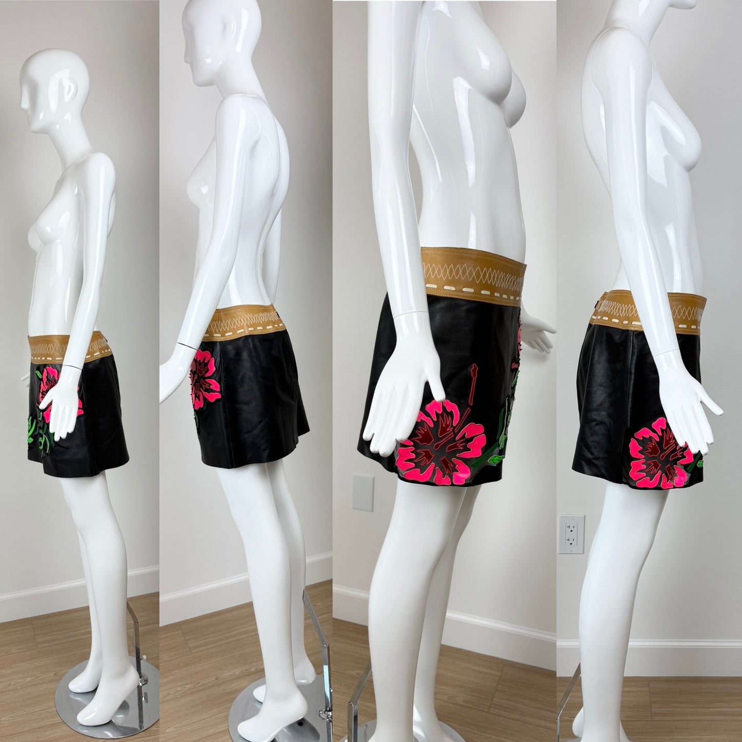 JITROIS Black Neon Floral Leather Mini Skirt