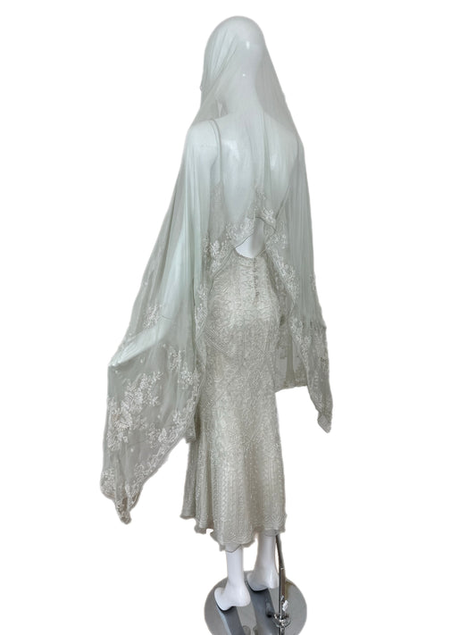 LES HABITUDES 90's Couture Vintage Grey/Blue Beaded Bridal Dress w. Shawl