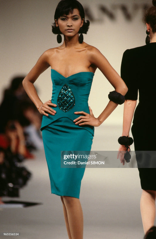 LANVIN 1987 Vintage Runway Green Embellished Corset Bustier Top