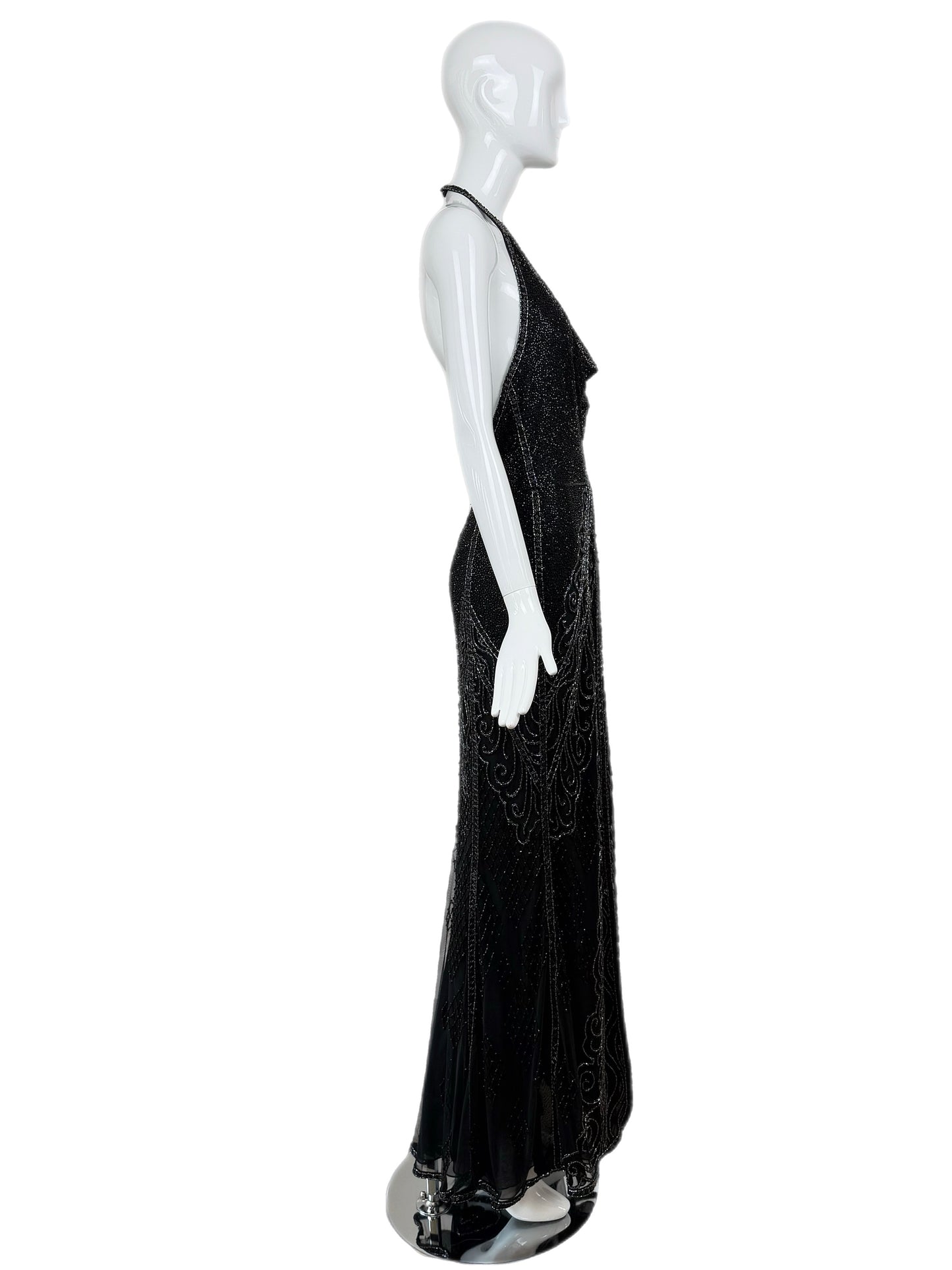 BOB MACKIE Vintage Heavily Beaded Cowl Neck Open Back Evening Gown
