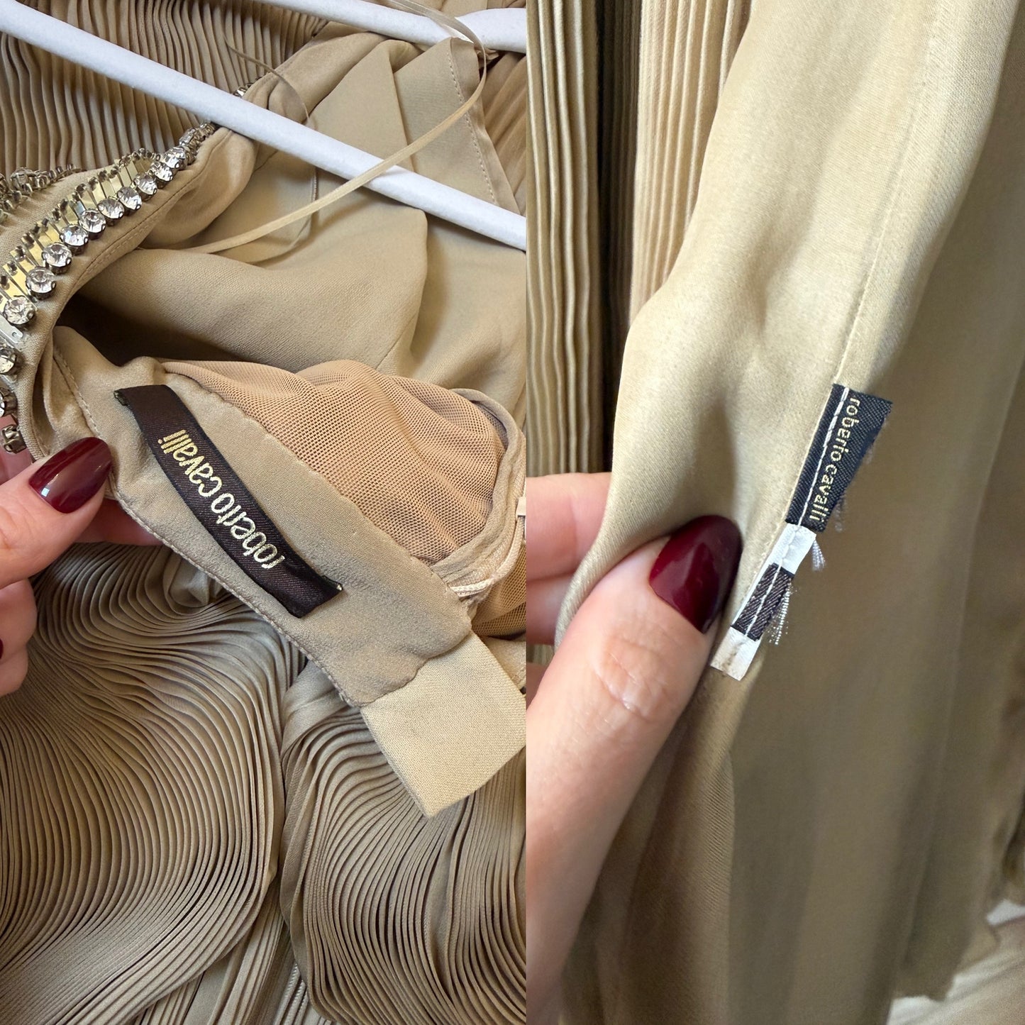 ROBERTO CAVALLI 2000's Vintage Taupe Plissé Grecian Embellished Evening Gown