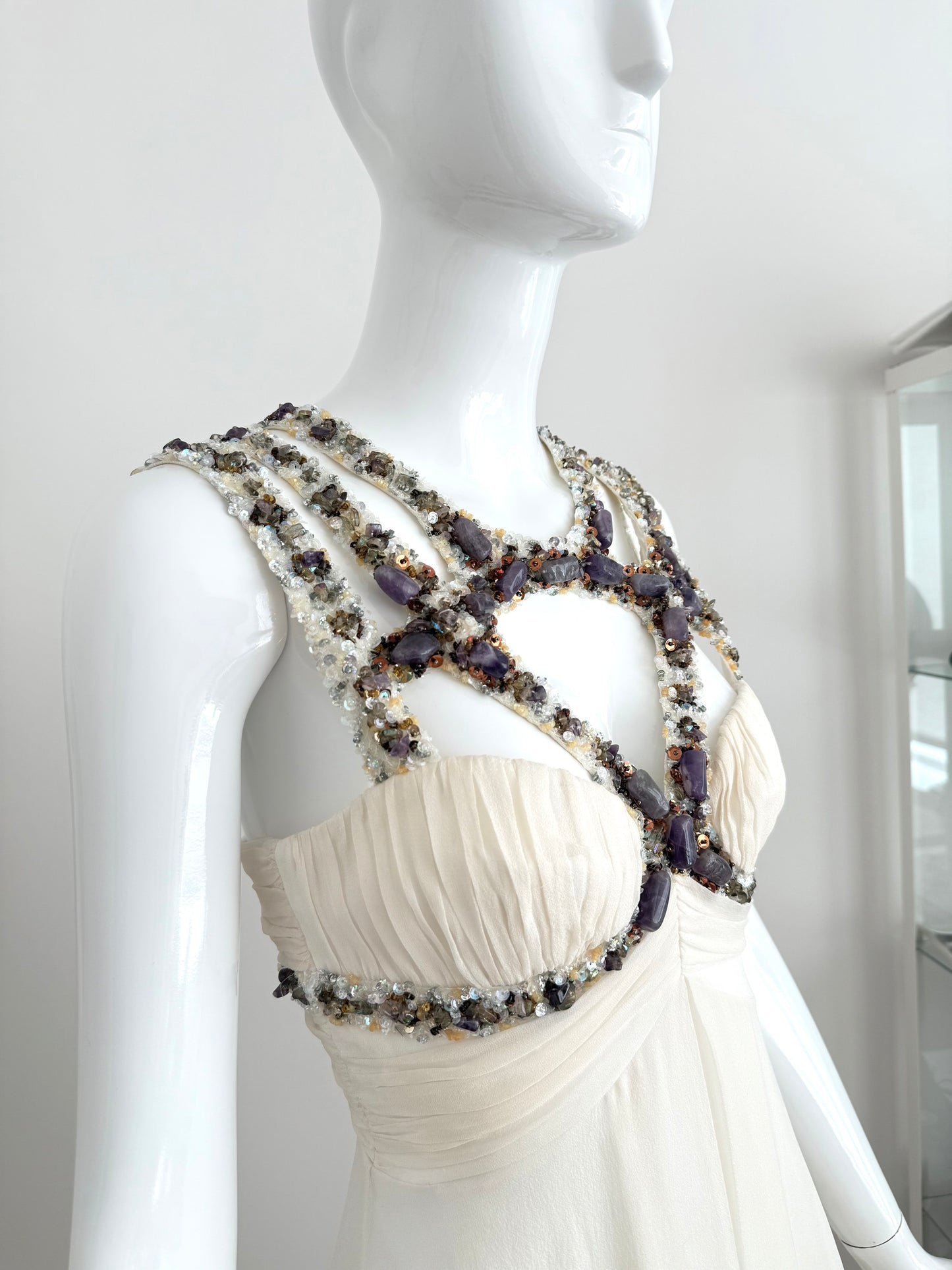 MANDALAY Vintage Ivory Silk Embellished Babydoll Dress