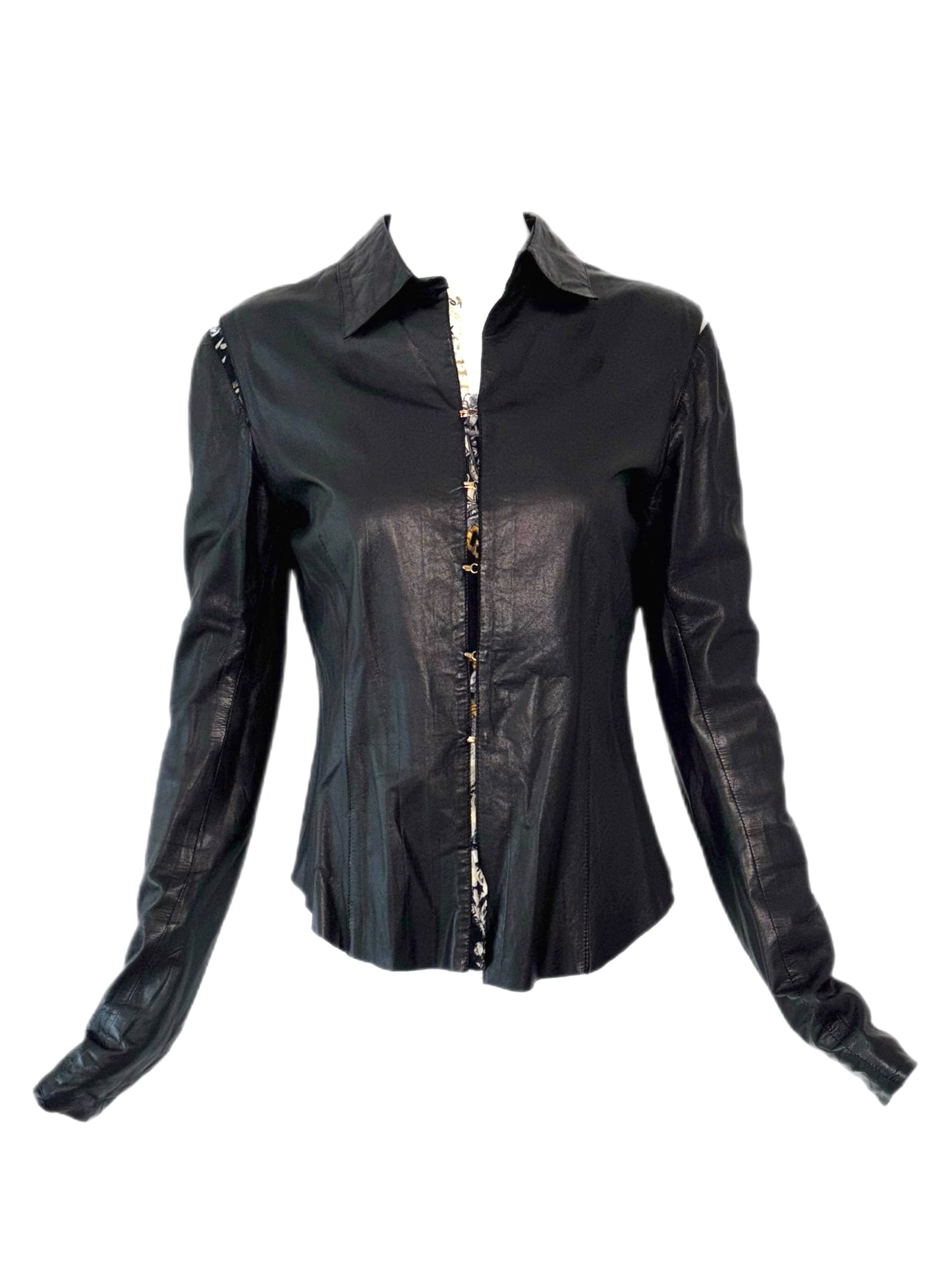 ROBERTO CAVALLI 2003 Vintage Black Leather & Silk Shirt