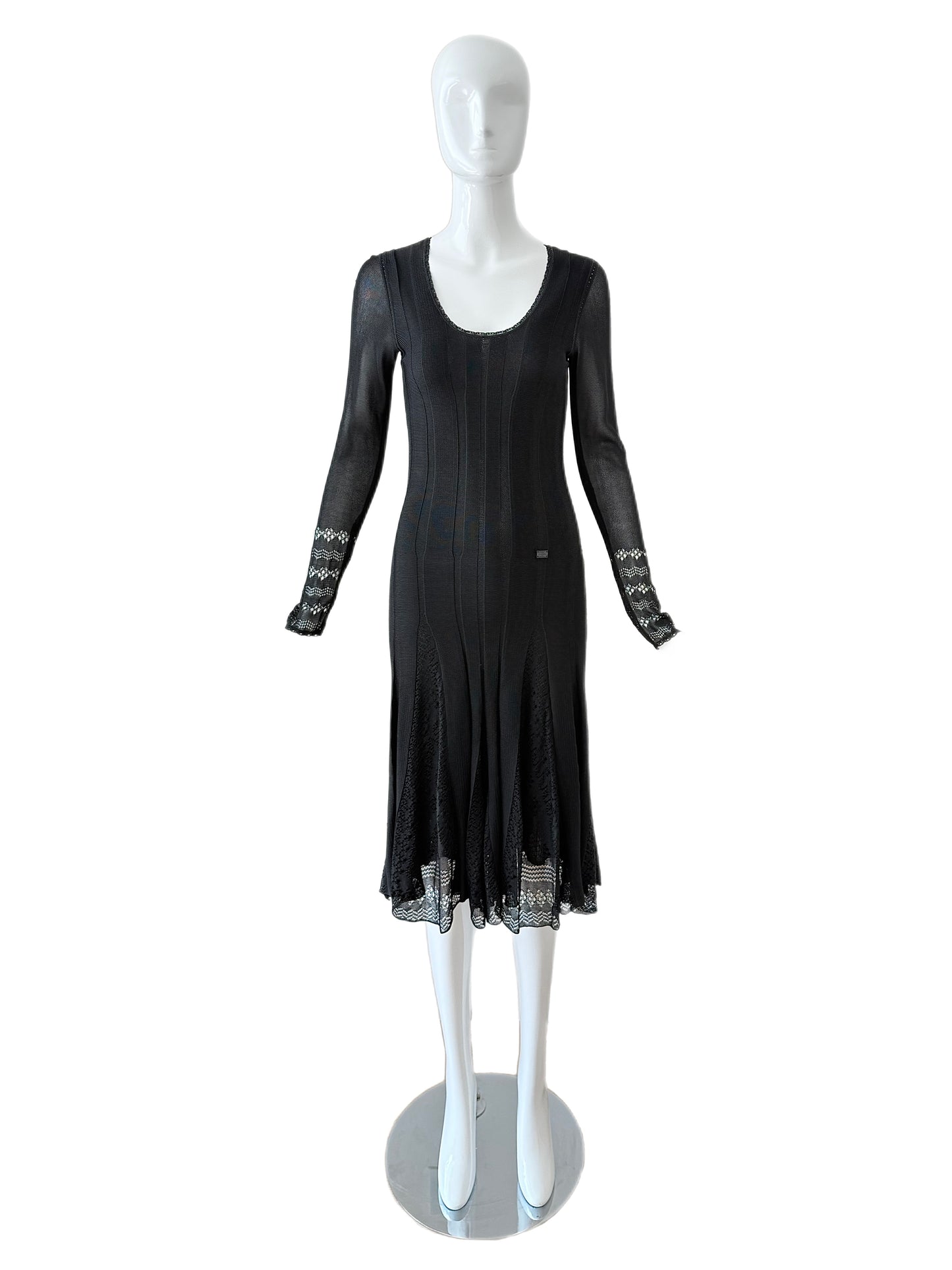 CHANEL 2005 Vintage Long Sleeve Black Lace Pointelle Dress