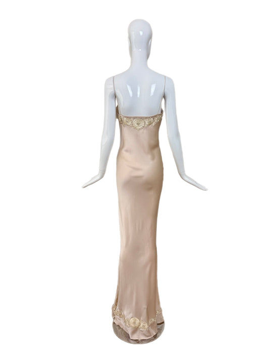 LES HABITUDES 90's Vintage Blush Peach Beaded Floral Slip Gown