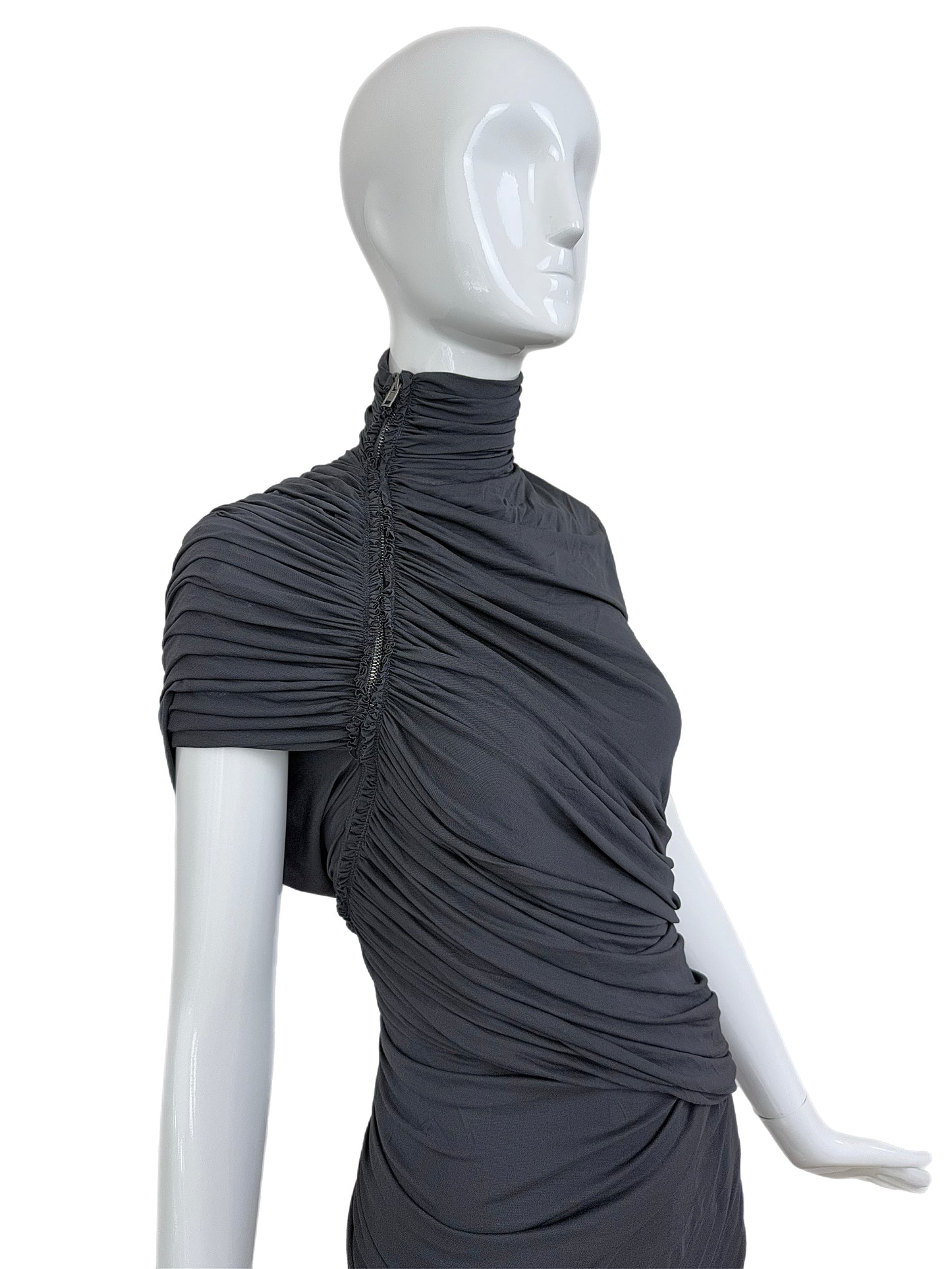 DONNA KARAN Vintage Grey Ruched Zipper Dress