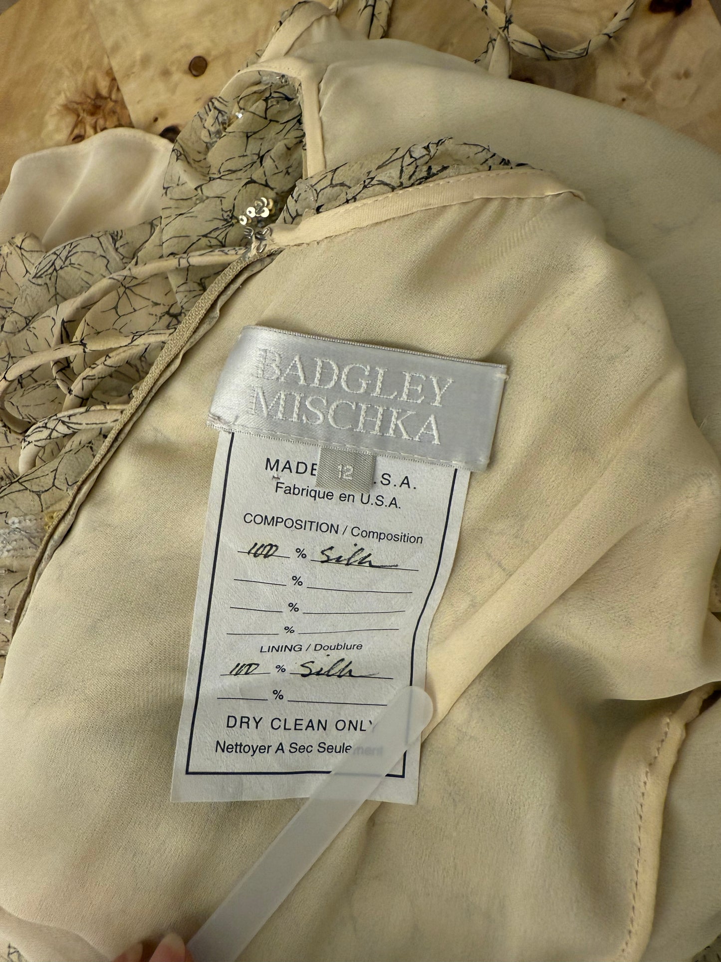 BADGLEY MISCHKA Vintage Silk Yellow Gold Embellished Gown