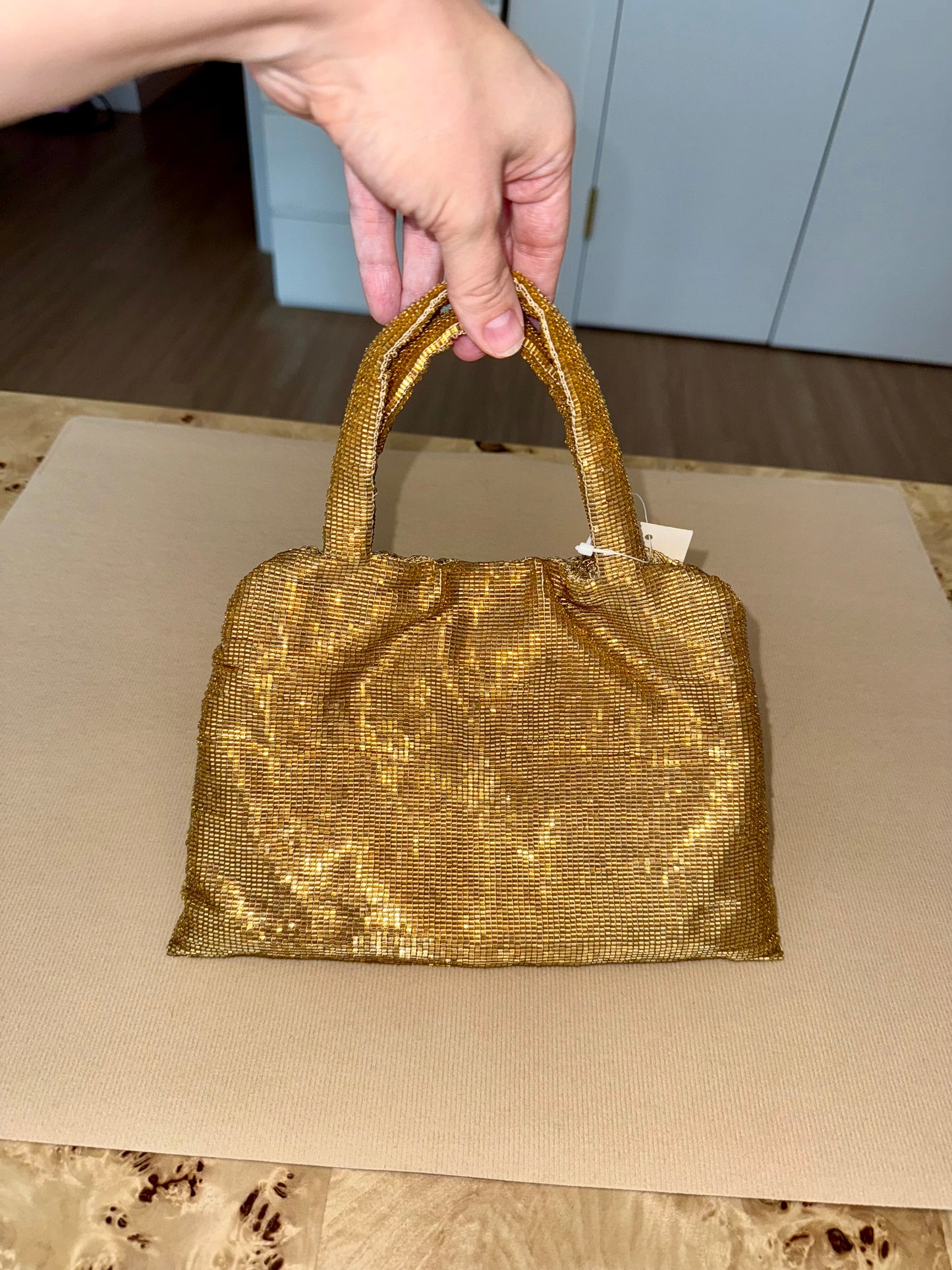 BADGLEY MISCHKA Vintage Gold Entirely Glass Beaded Evening Bag