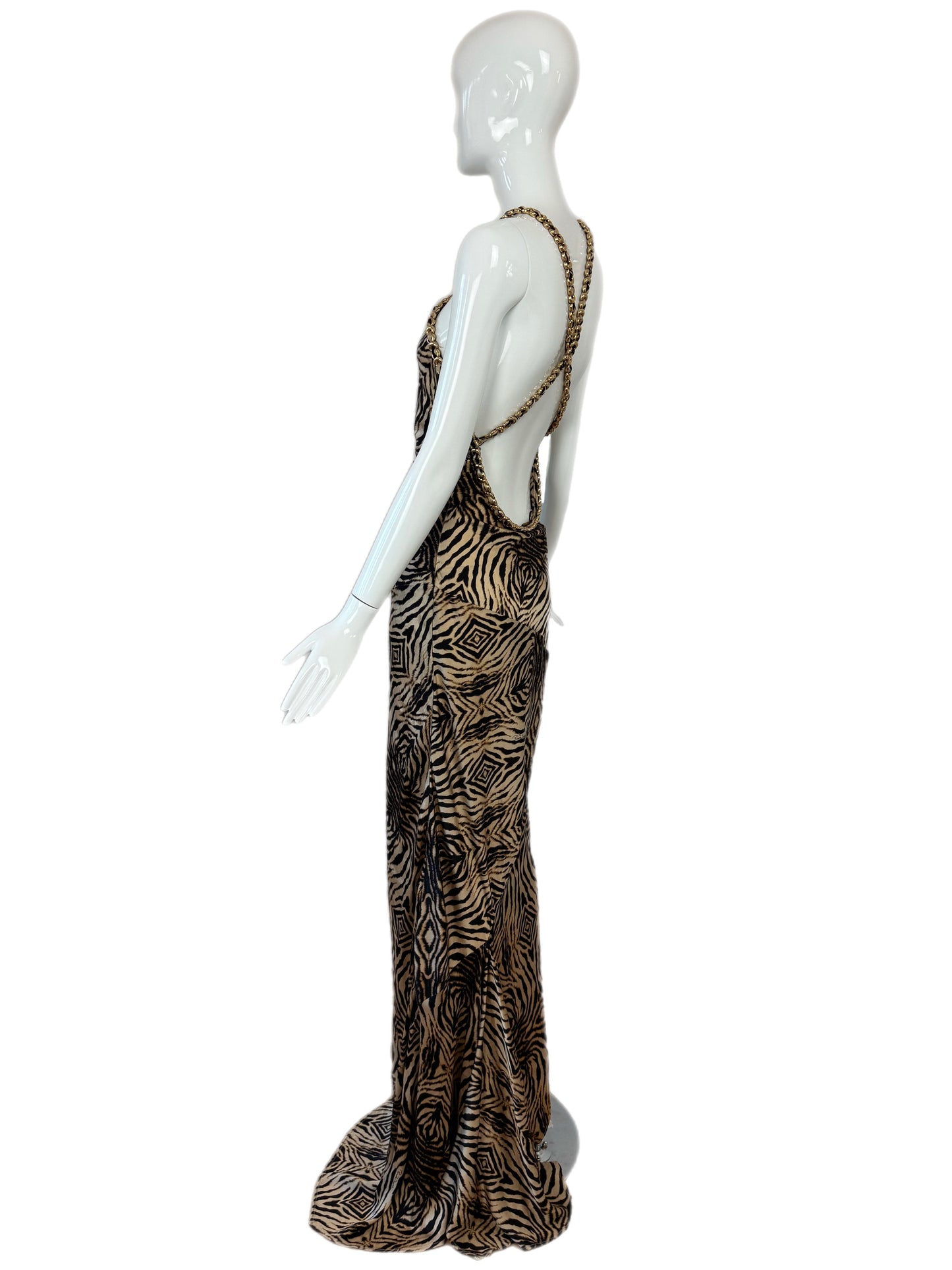 ROBERTO CAVALLI 2006 Vintage Silk Animal Print Gown w. Gold Chains