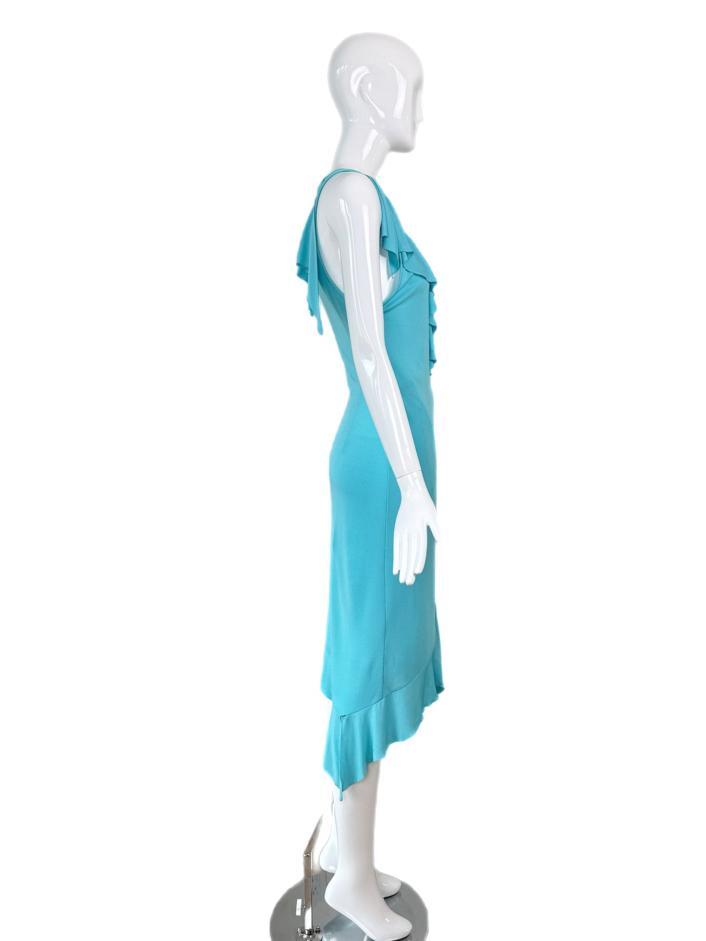 VERSACE 2004 Vintage Aqua Blue Ruffle Wrap Dress
