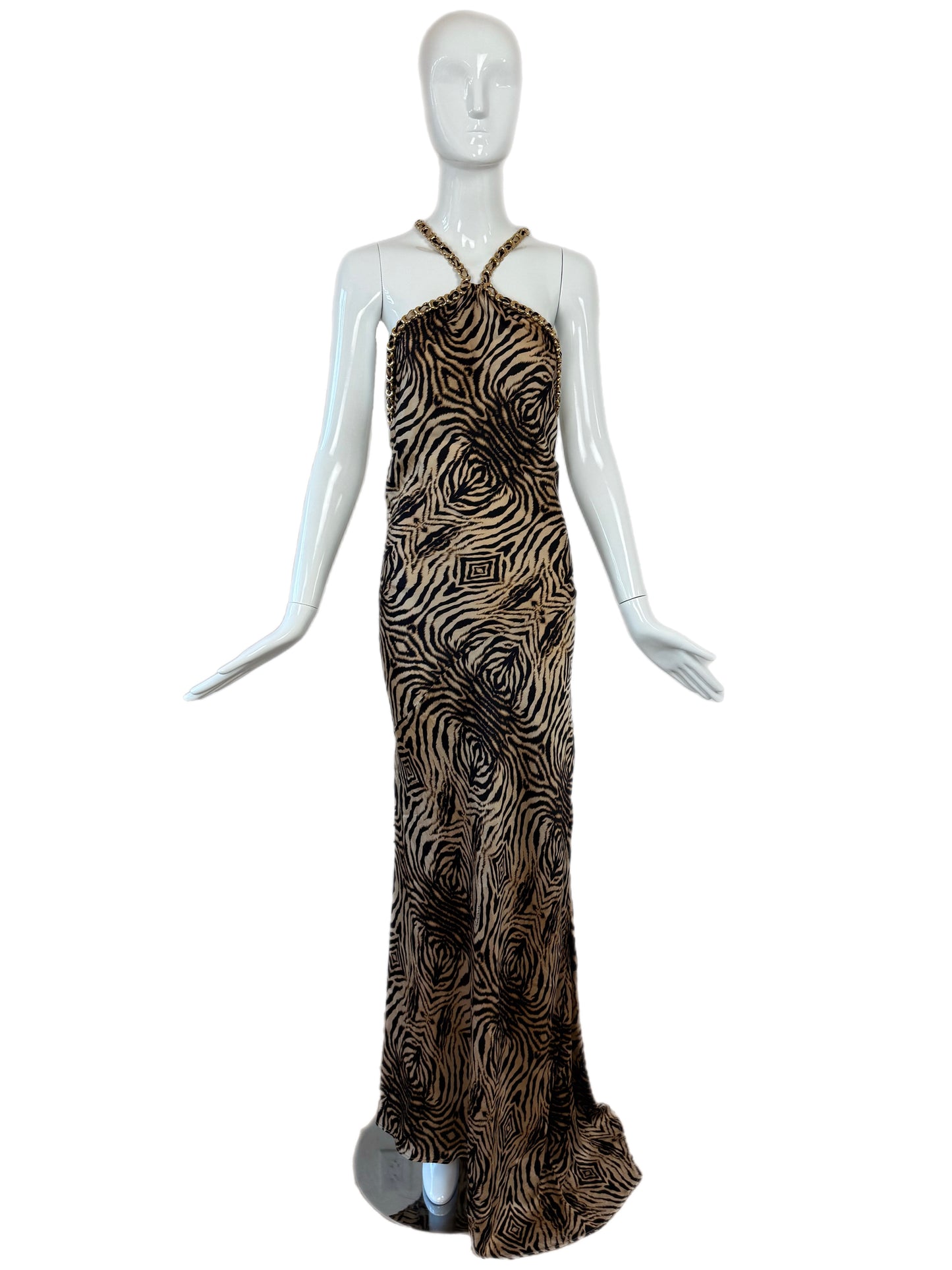 ROBERTO CAVALLI 2006 Vintage Silk Animal Print Gown w. Gold Chains