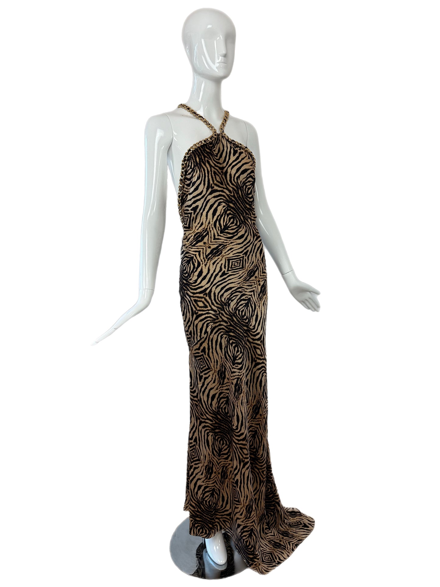 ROBERTO CAVALLI 2006 Vintage Silk Animal Print Gown w. Gold Chains