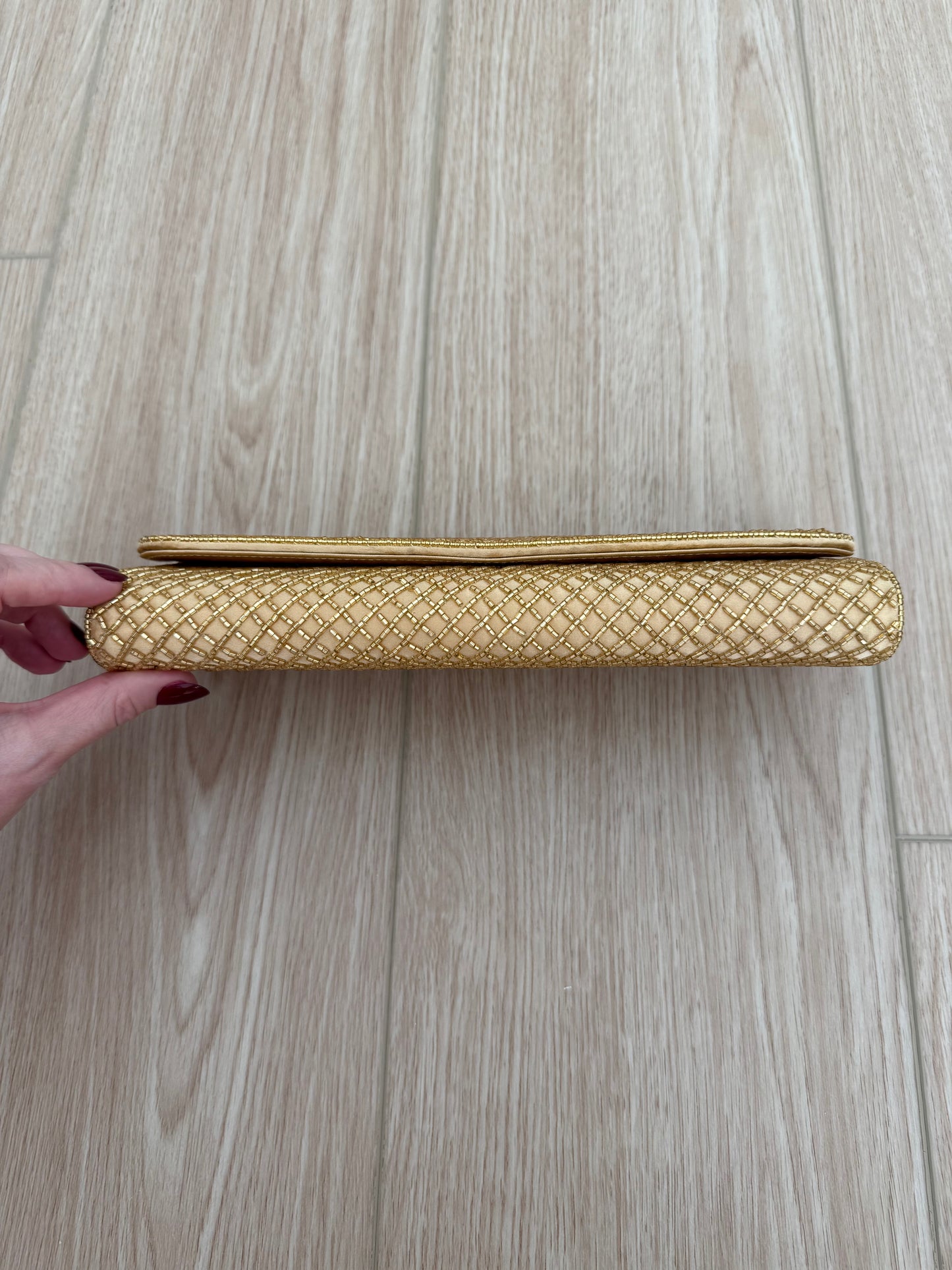 BADGLEY MISCHKA Gold Beaded Satin Envelope Evening Bag