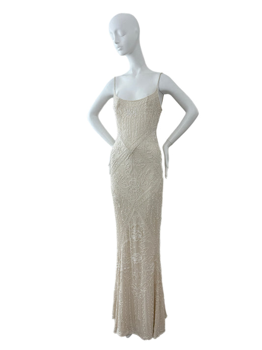 LES HABITUDES 90's Vintage Couture Hand Beaded Bridal Gown w. Gloves + Shawl