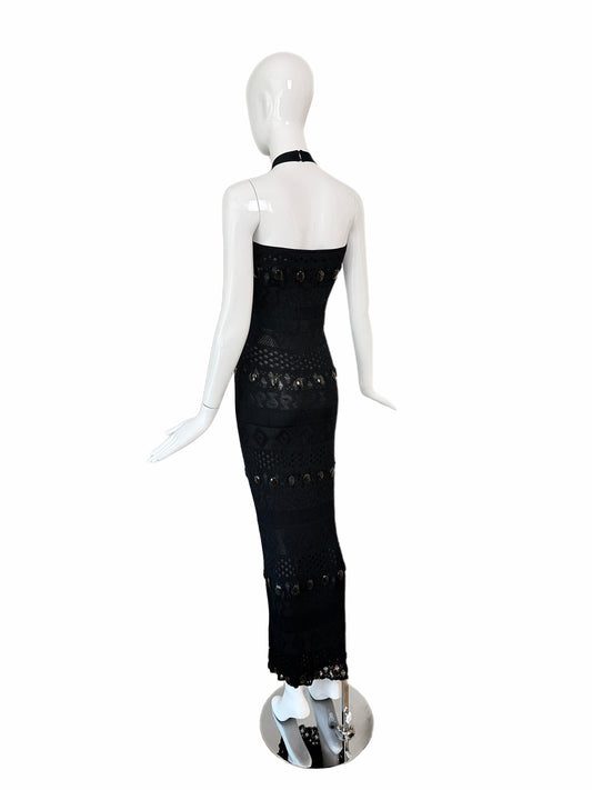 HERVE LEGER 90's Vintage Black Crystal Halter Wiggle Maxi Dress