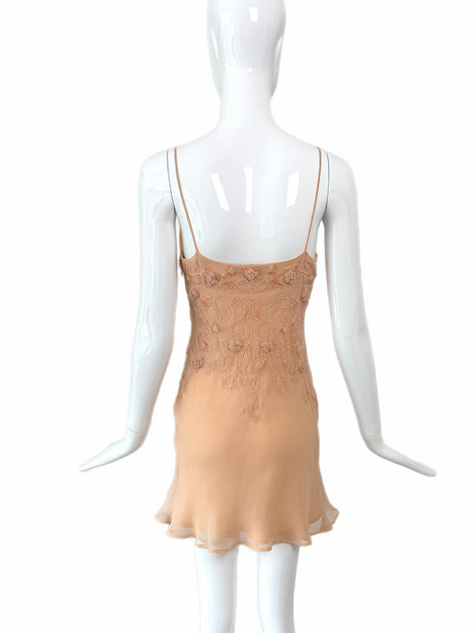 ALBERTA FERRETTI 90's Vintage Beaded Peach Silk Slip Mini Dress