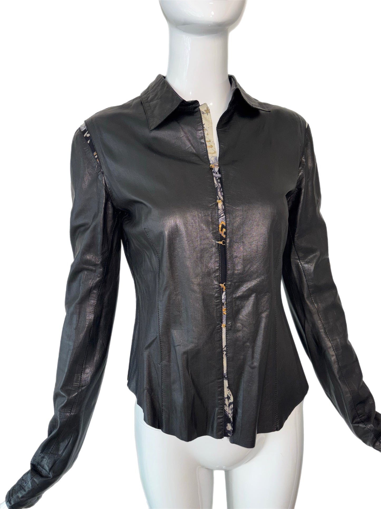ROBERTO CAVALLI 2003 Vintage Black Leather & Silk Shirt
