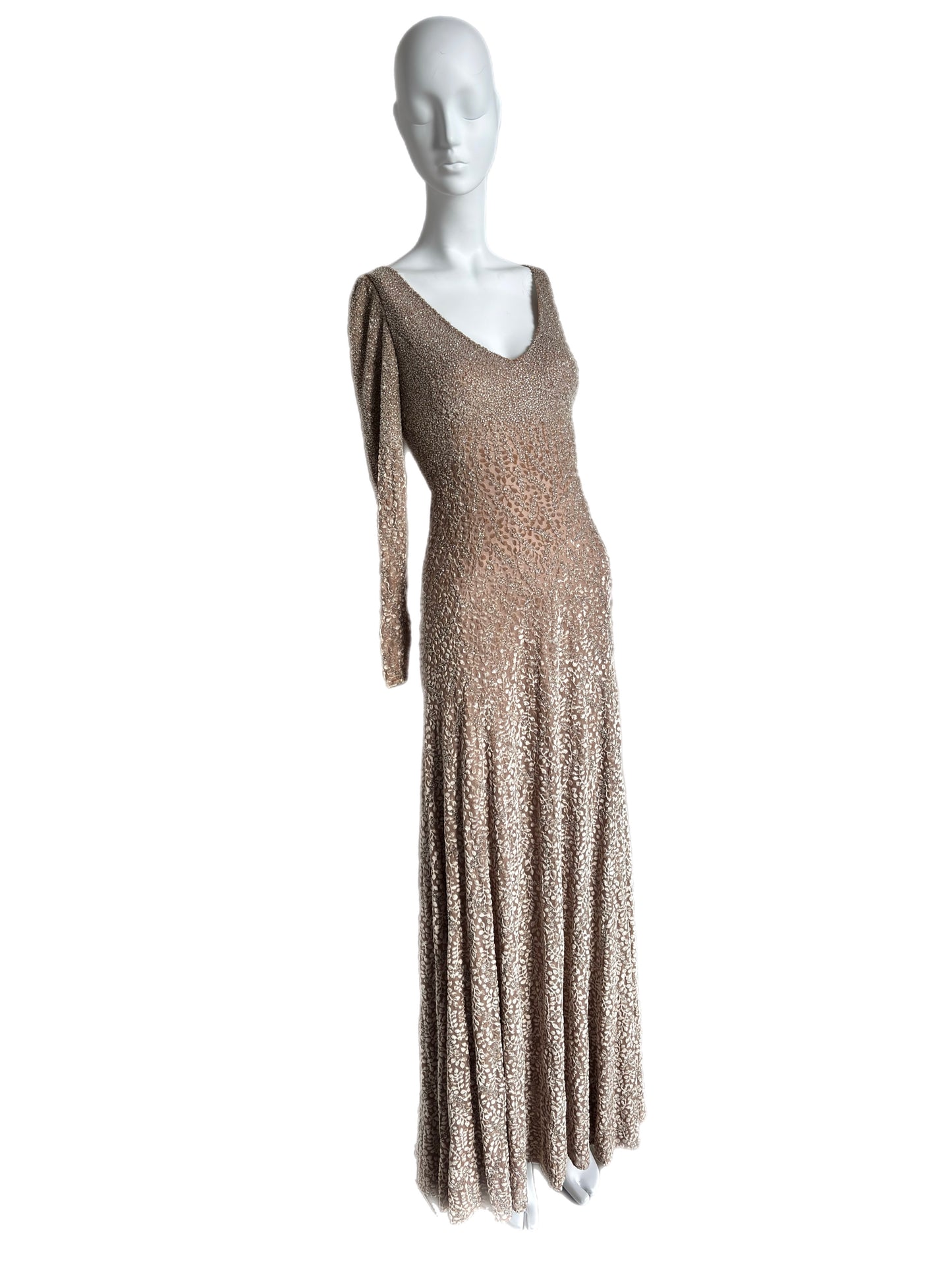 BADGLEY MISCHKA Vintage Long Sleeve Heavily Beaded Evening Gown