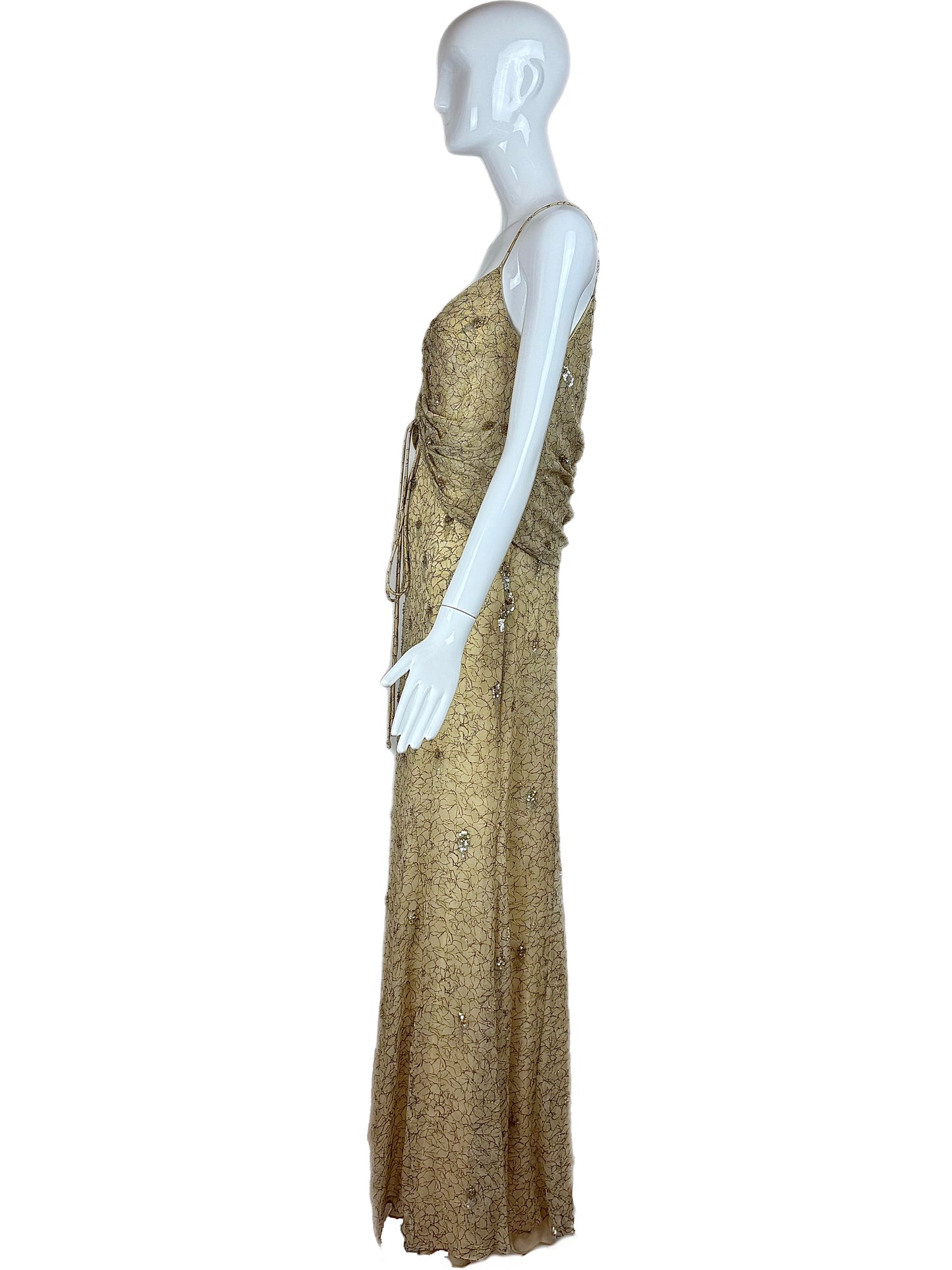 BADGLEY MISCHKA Vintage Silk Yellow Gold Embellished Gown