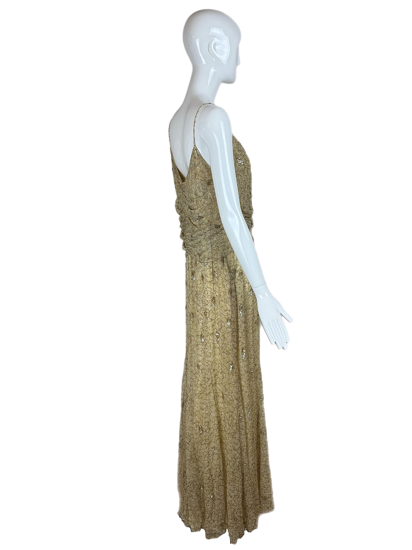 BADGLEY MISCHKA Vintage Silk Yellow Gold Embellished Gown