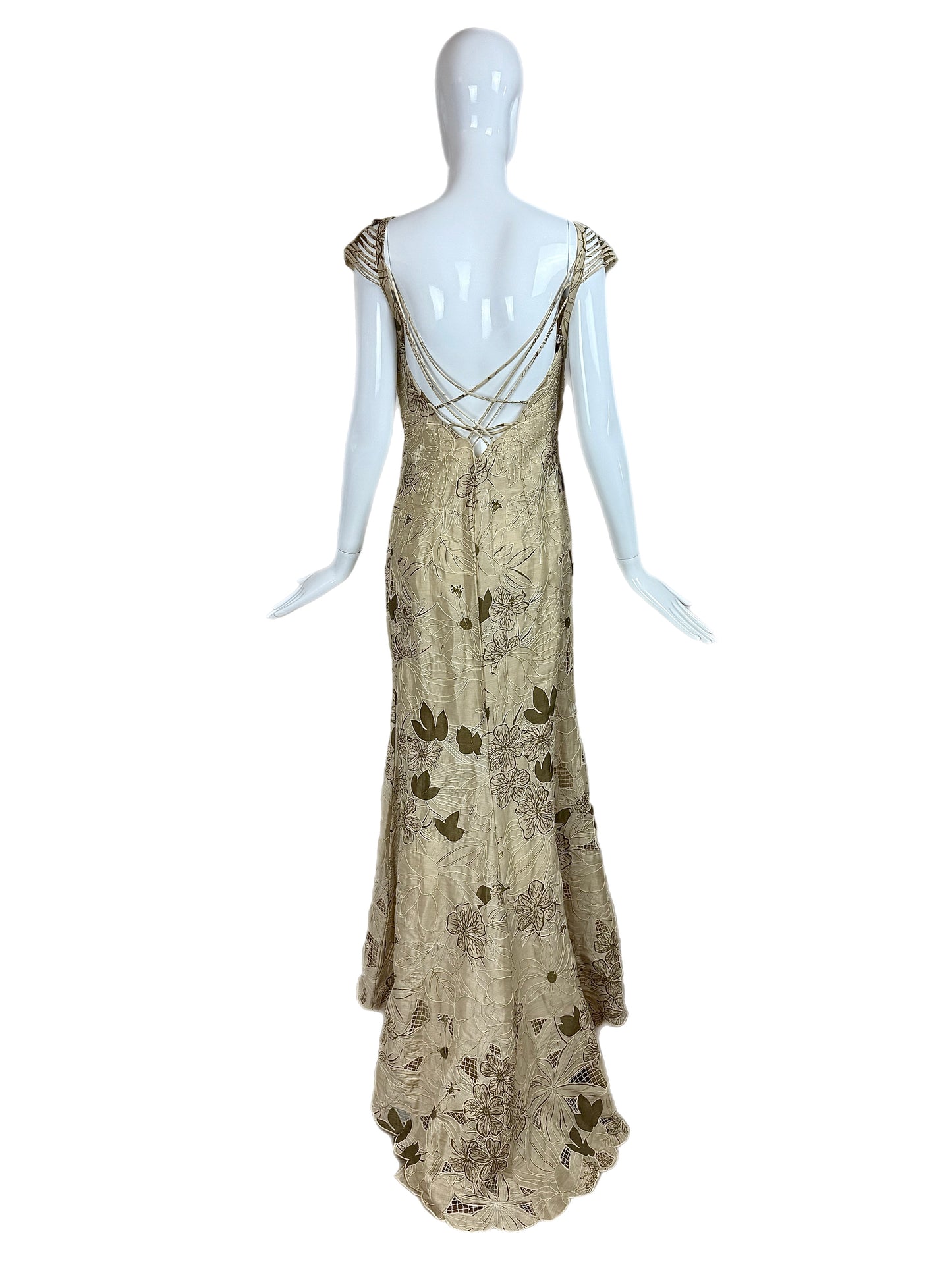 BADGLEY MISCHKA Vintage Floral Khaki Unique Evening Gown