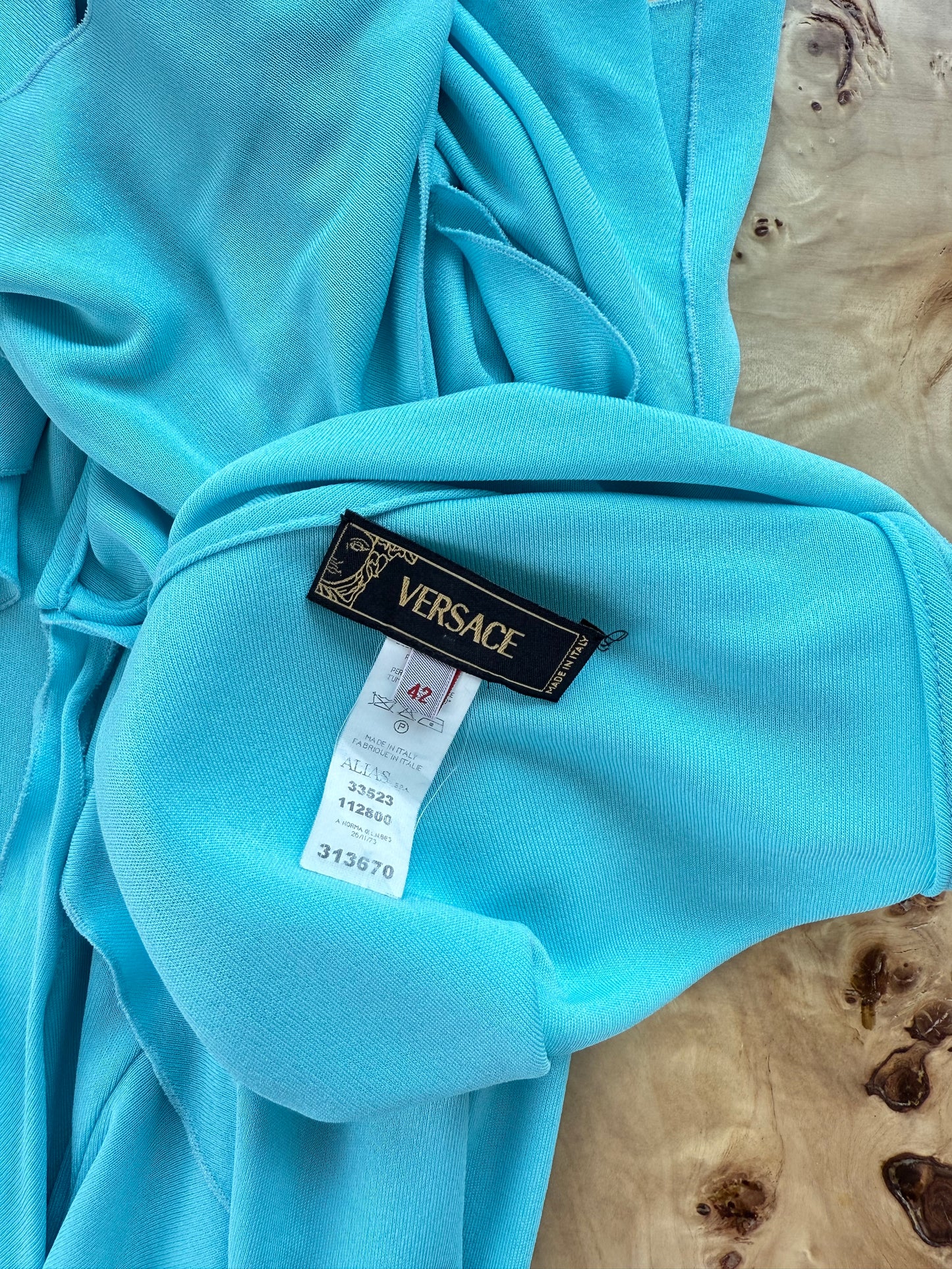VERSACE 2004 Vintage Aqua Blue Ruffle Wrap Dress
