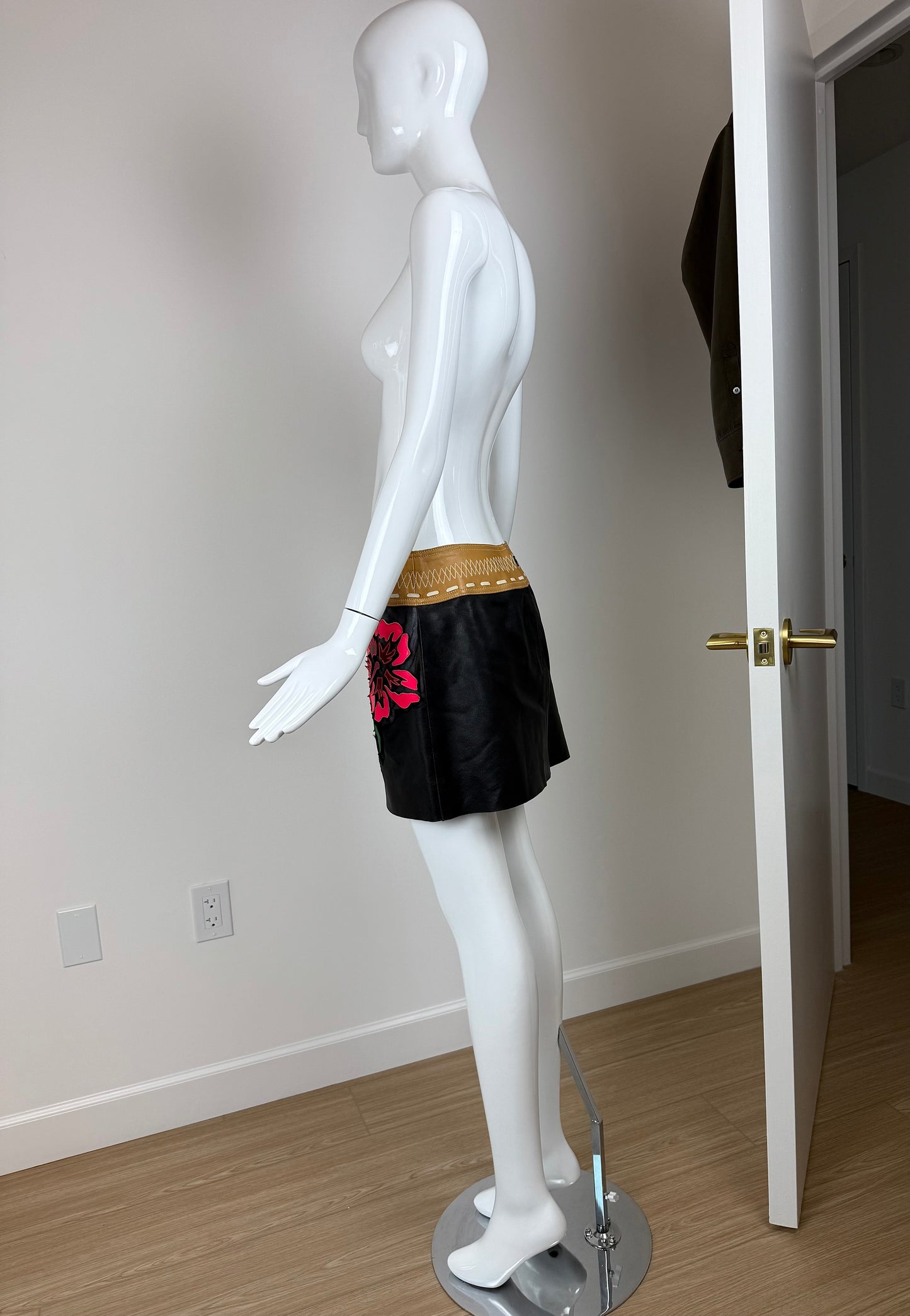 JITROIS Black Neon Floral Leather Mini Skirt