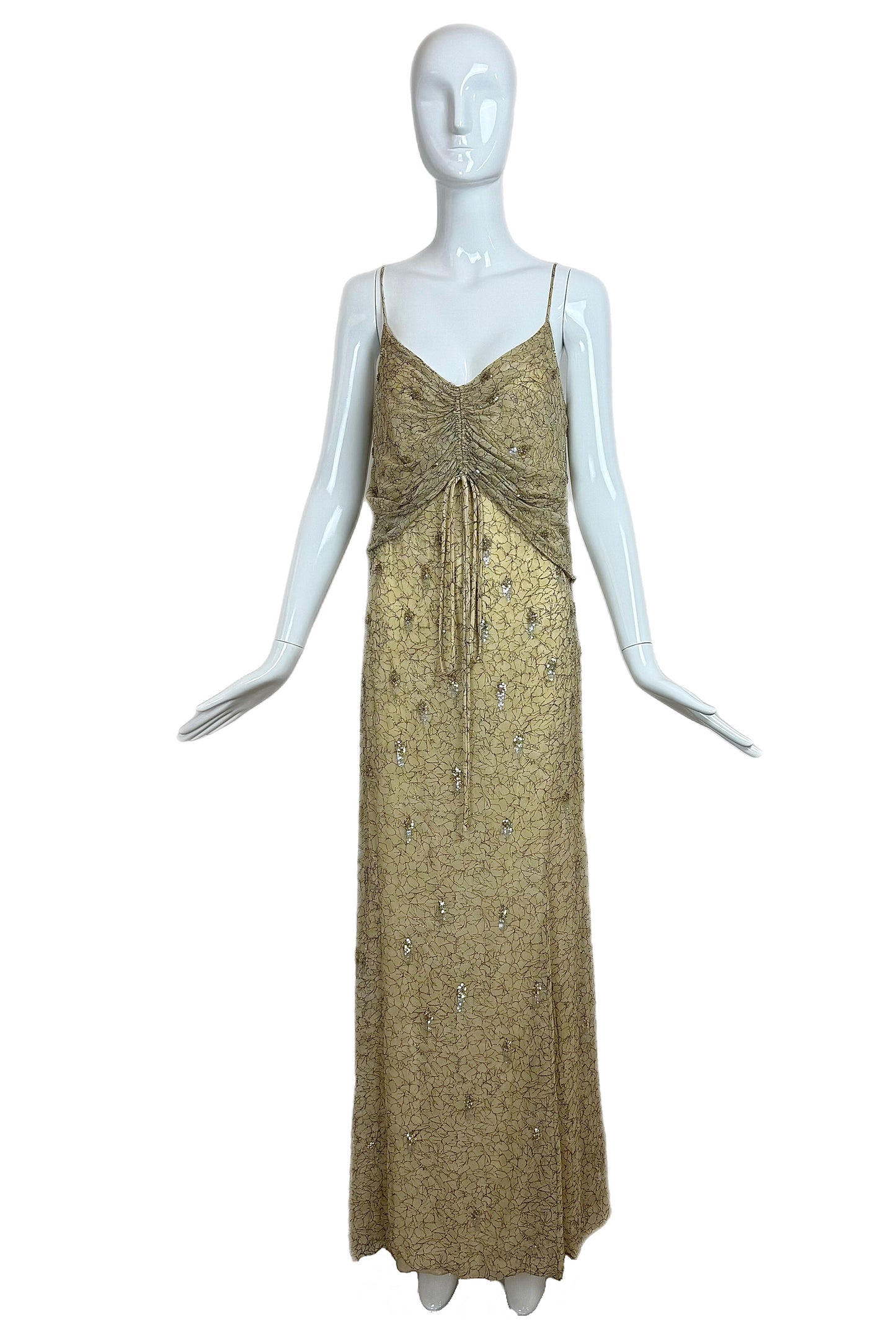 BADGLEY MISCHKA Vintage Silk Yellow Gold Embellished Gown