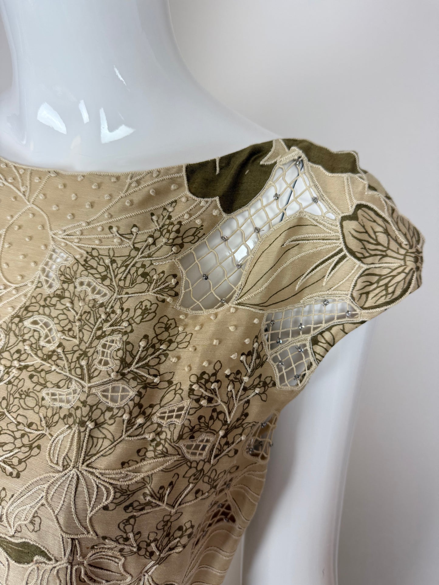 BADGLEY MISCHKA Vintage Floral Khaki Unique Evening Gown