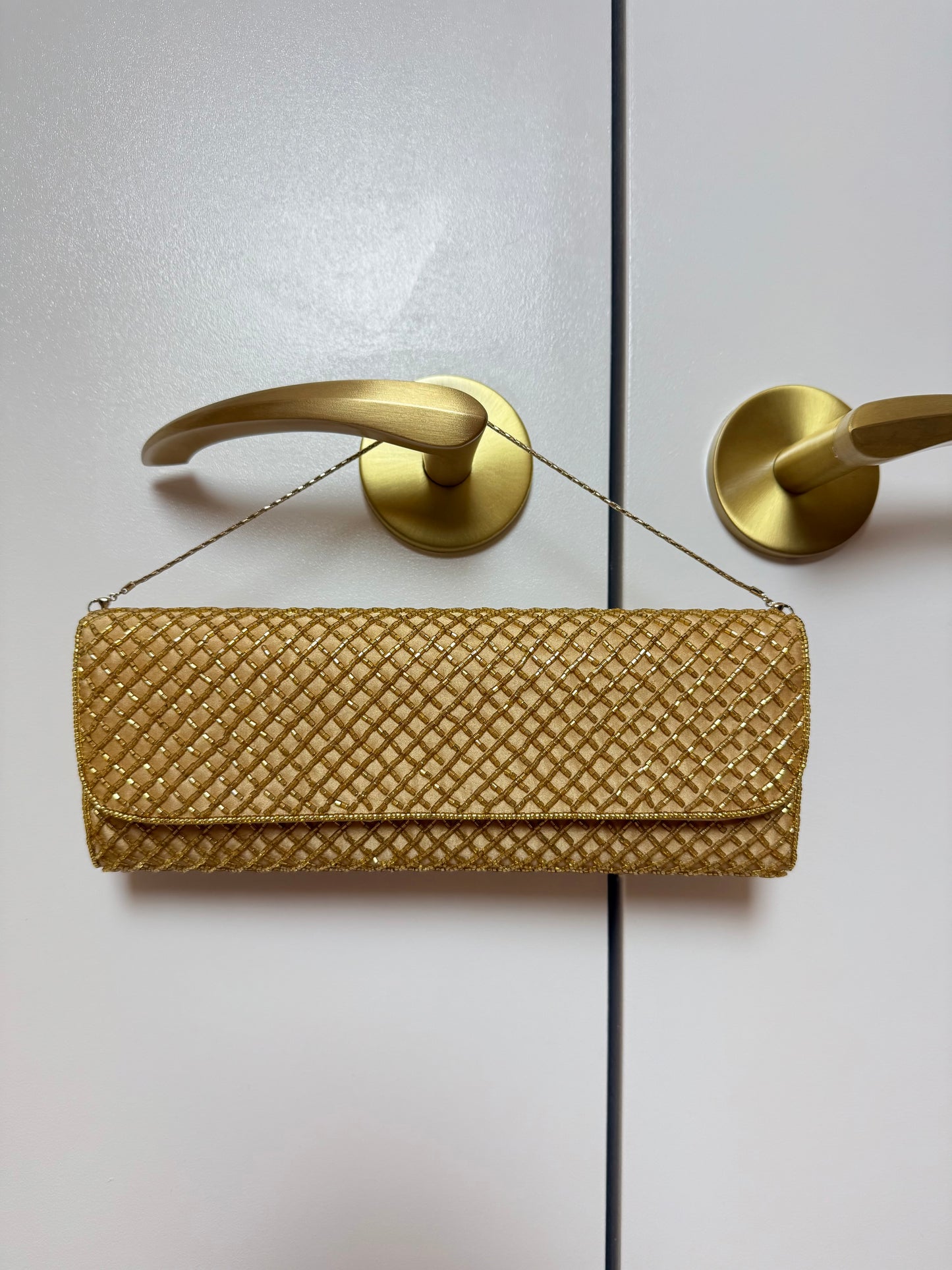 BADGLEY MISCHKA Gold Beaded Satin Envelope Evening Bag