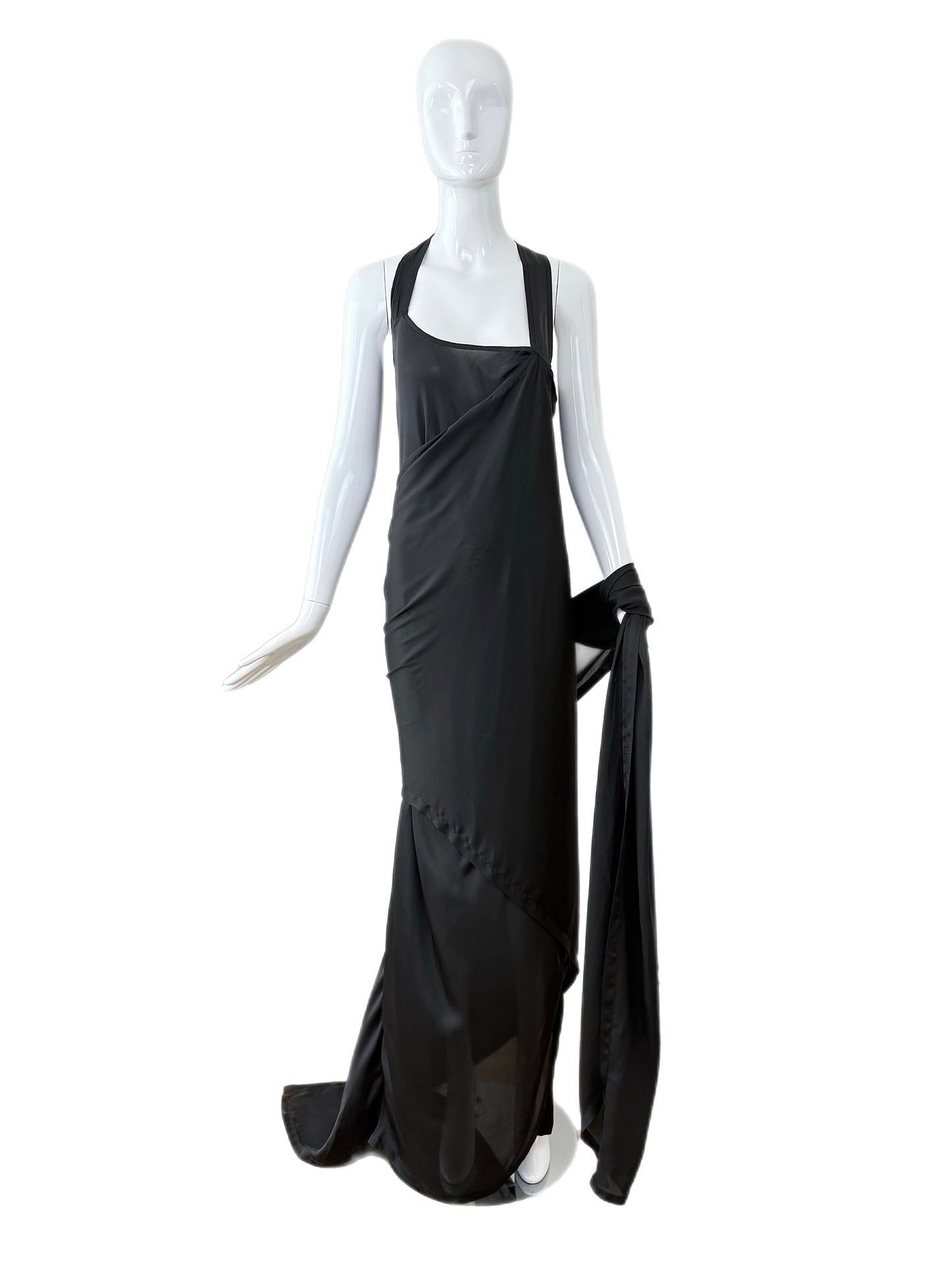 DONNA KARAN Black Silk Grecian Wrap Evening Gown