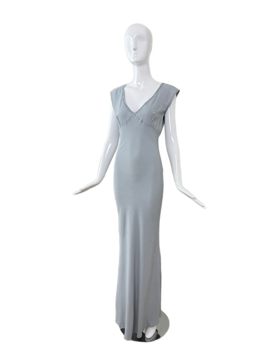 LES HABITUDES 90's Vintage Dusty Powder Blue Floral Neckline Slip Gown