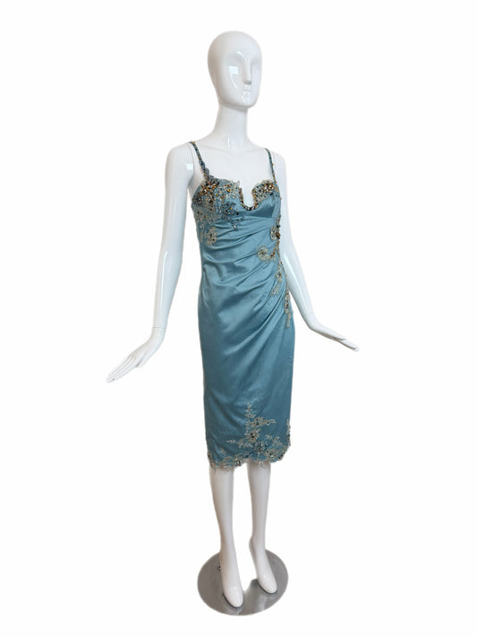Julian Joyce by Mandalay Vintage Y2K Robin's Egg Blue Lace Embellished Cocktail Dress