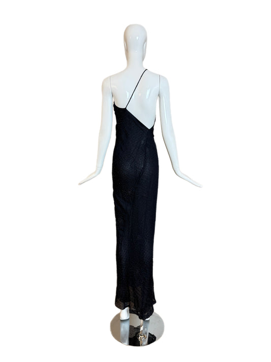 DONNA KARAN 90's Vintage Midnight Blue Beaded Asymmetrical Evening Gown