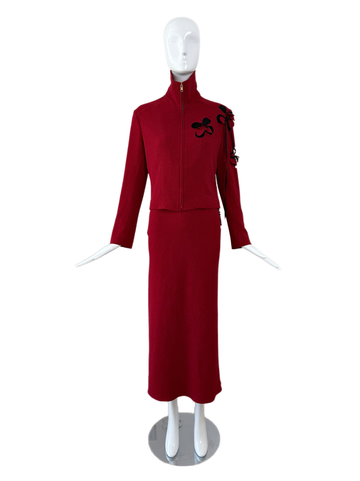 John Galliano 2001 Vintage Crimson Red Floral Motif Skirt Suit