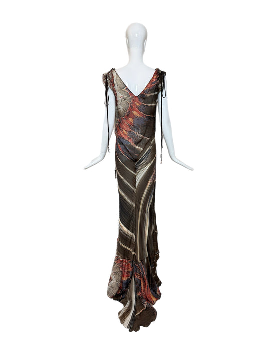 ROBERTO CAVALLI 2004 Vintage Silk Ruffle Charm Long Gown w. Slit