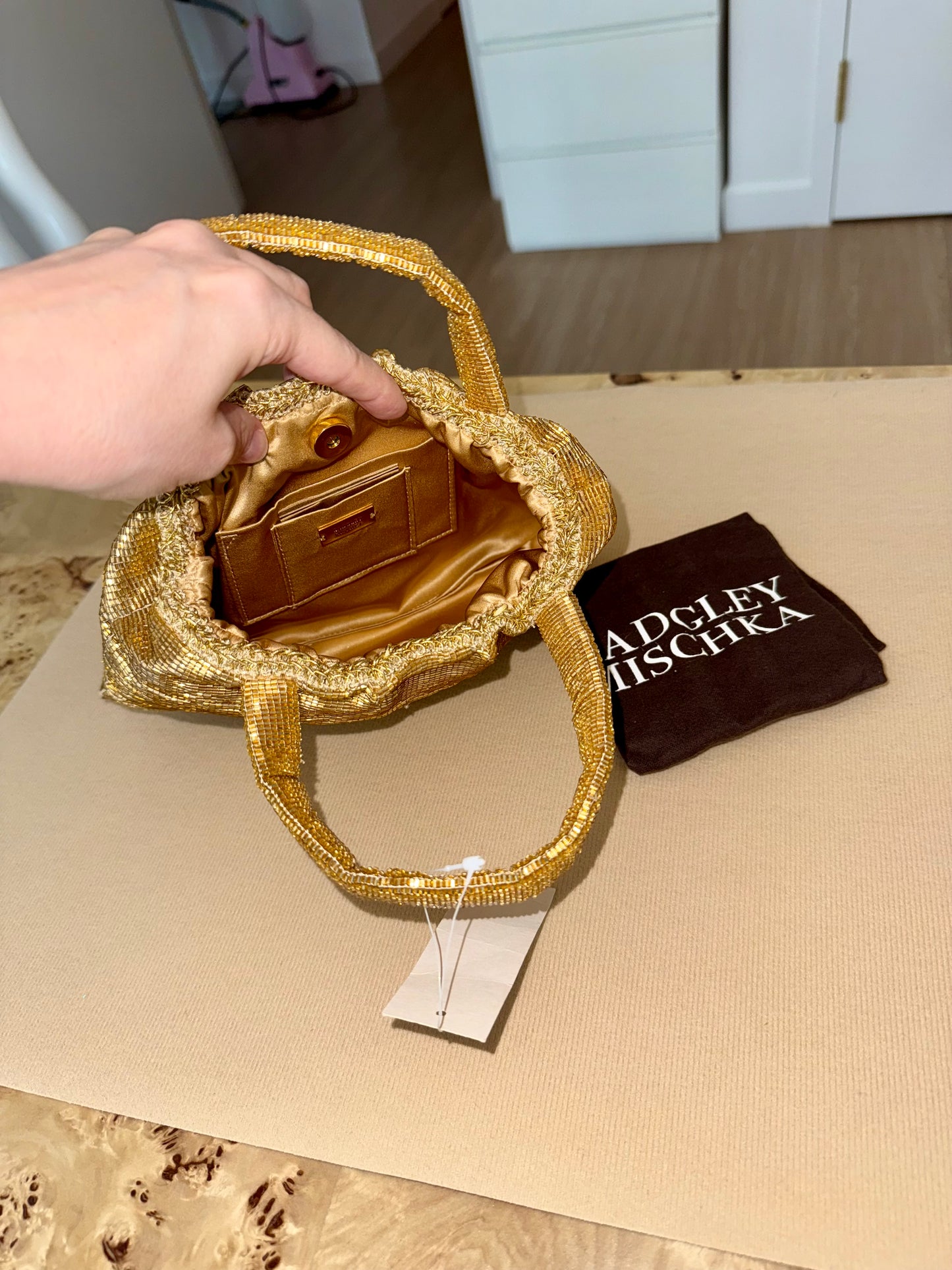 BADGLEY MISCHKA Vintage Gold Entirely Glass Beaded Evening Bag