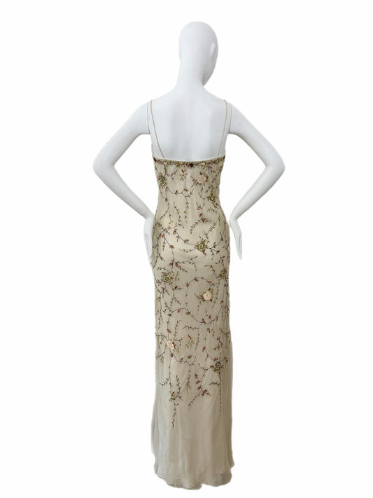 EAVIS & BROWN 90's Vintage Iridescent Beige Silk Embroidered Floral Gown