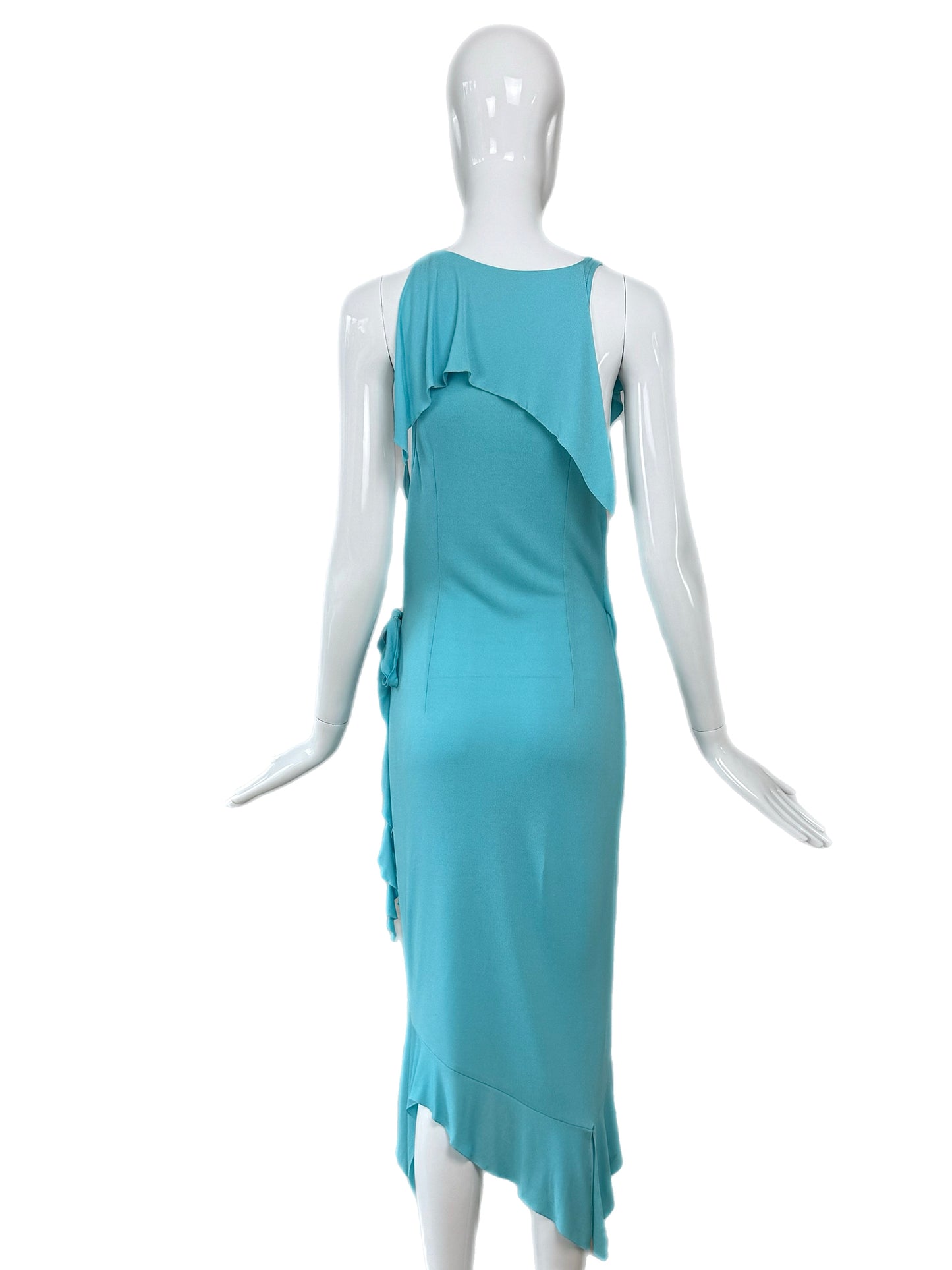 VERSACE 2004 Vintage Aqua Blue Ruffle Wrap Dress