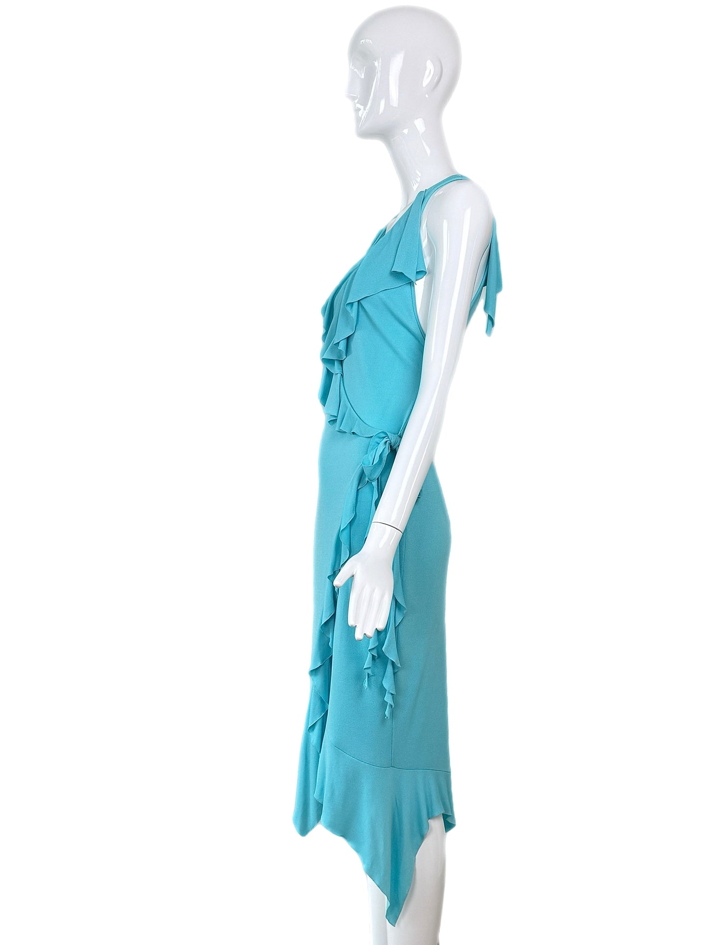 VERSACE 2004 Vintage Aqua Blue Ruffle Wrap Dress