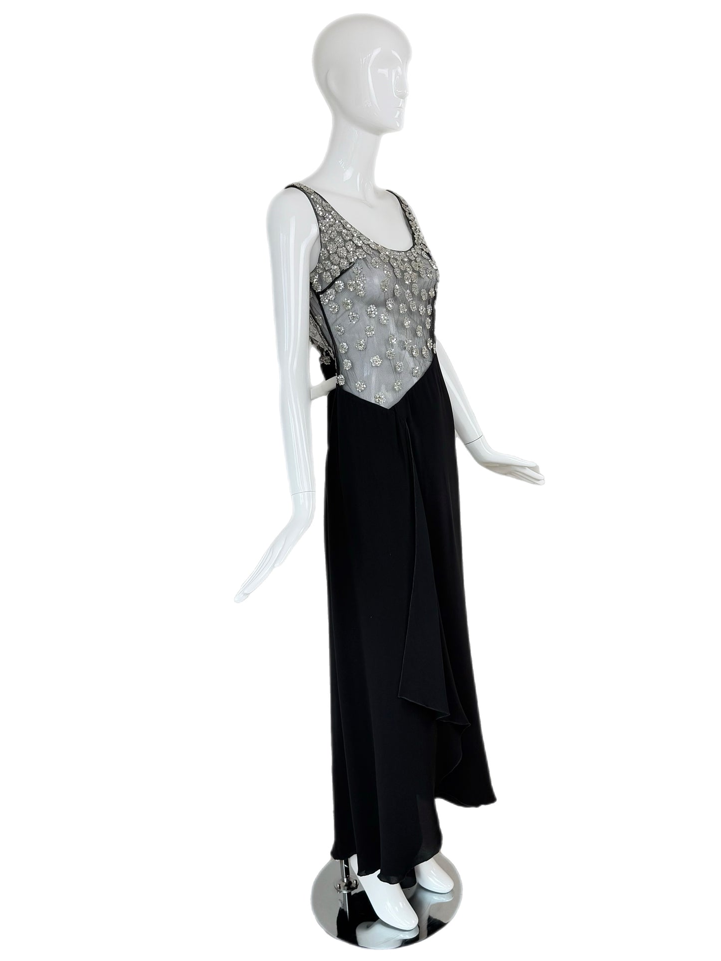 VALENTINO 2000 Vintage Black Silk w. Silver Embellishments Evening Gown
