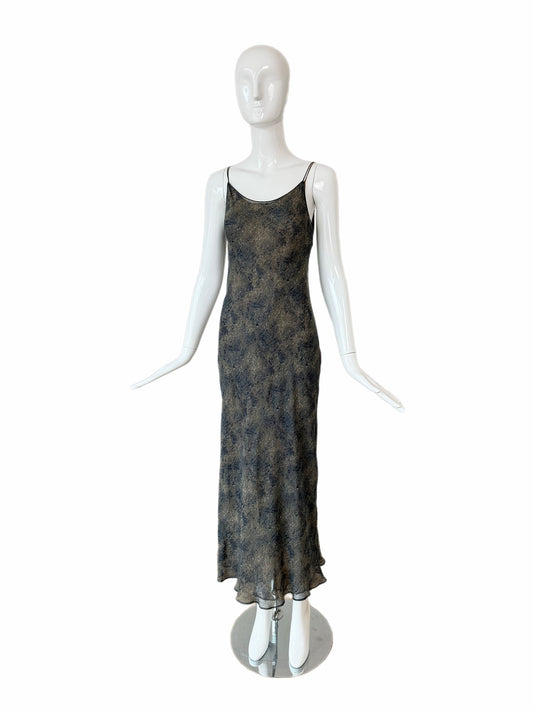 DONNA KARAN 90's Vintage Navy Blue & Tan Printed Silk Slip Maxi Dress