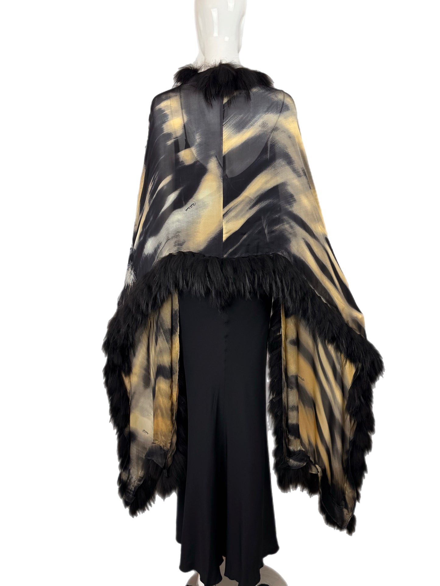 ROBERTO CAVALLI c. 2000 Vintage Fur + Silk Ensemble Maxi Dress Gown + Shawl Cape