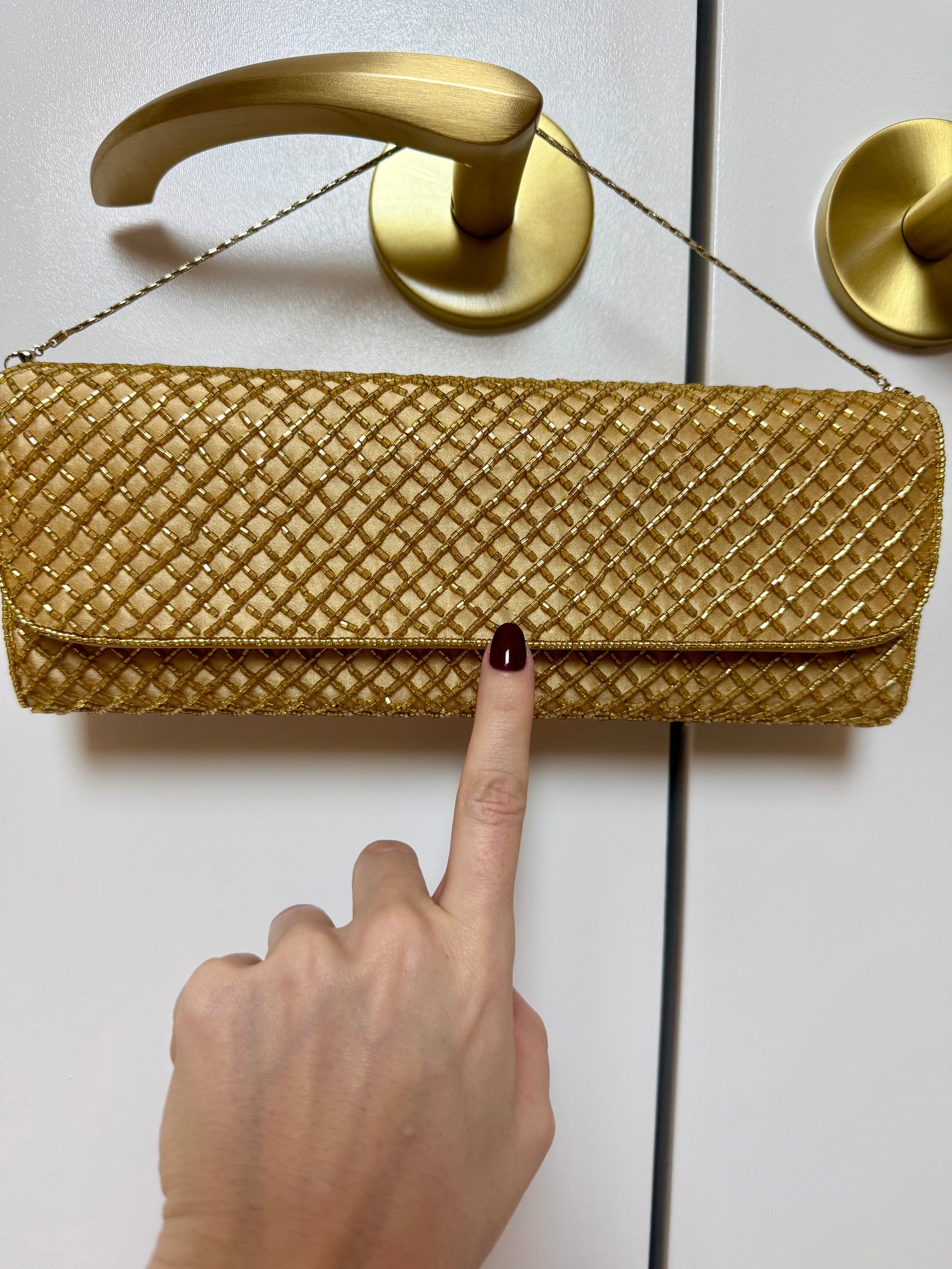 BADGLEY MISCHKA Gold Beaded Satin Envelope Evening Bag