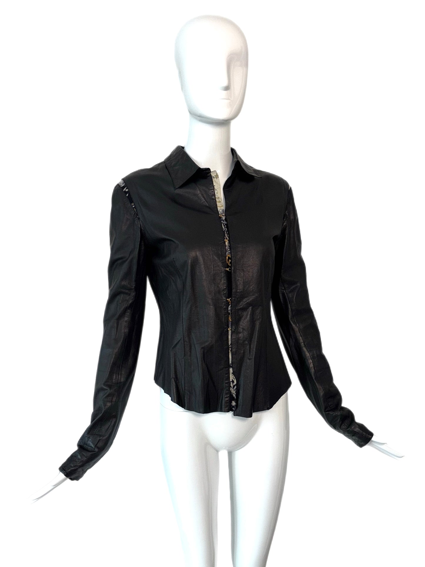 ROBERTO CAVALLI 2003 Vintage Black Leather & Silk Shirt