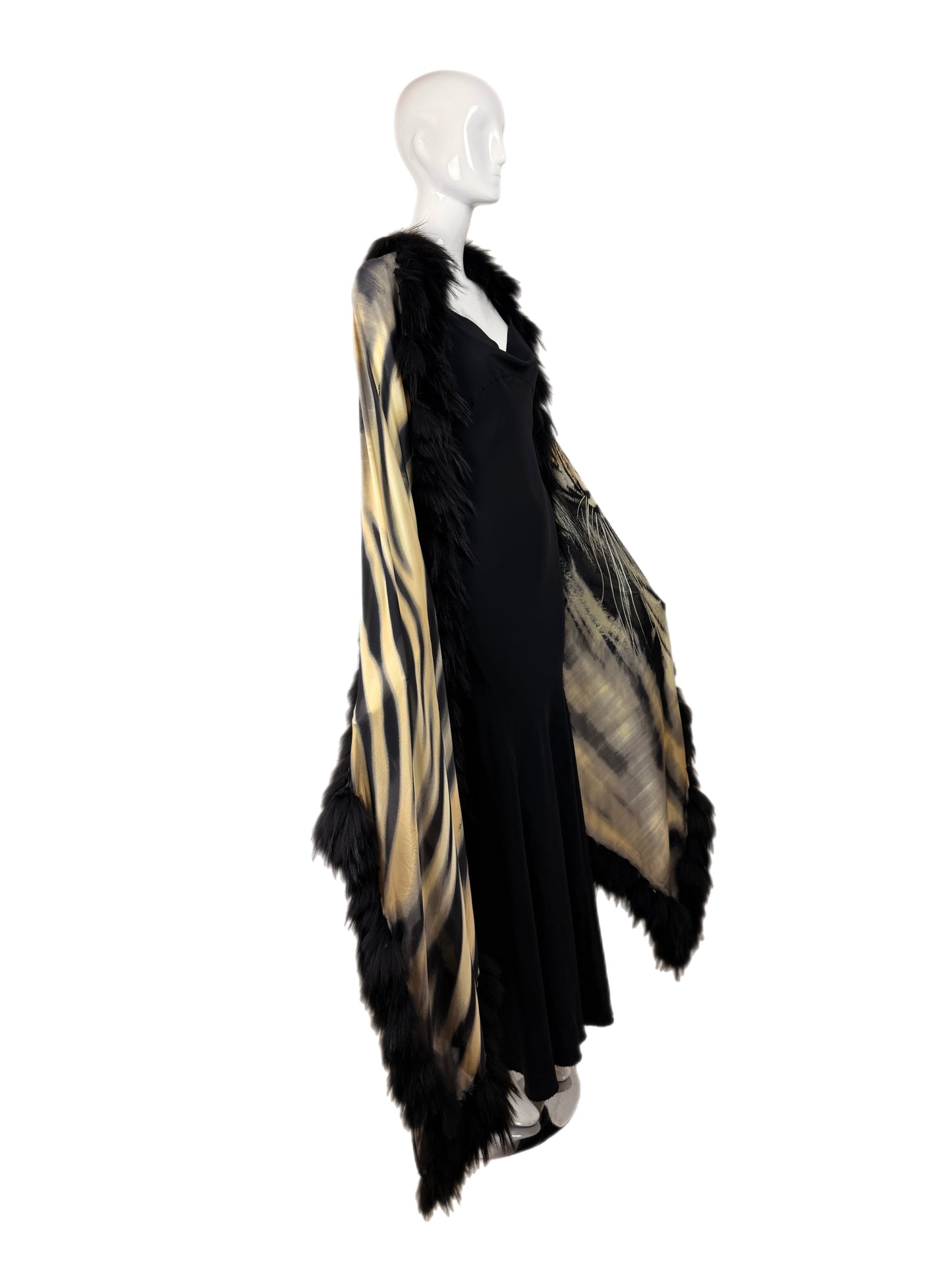 ROBERTO CAVALLI c. 2000 Vintage Fur + Silk Ensemble Maxi Dress Gown + Shawl Cape