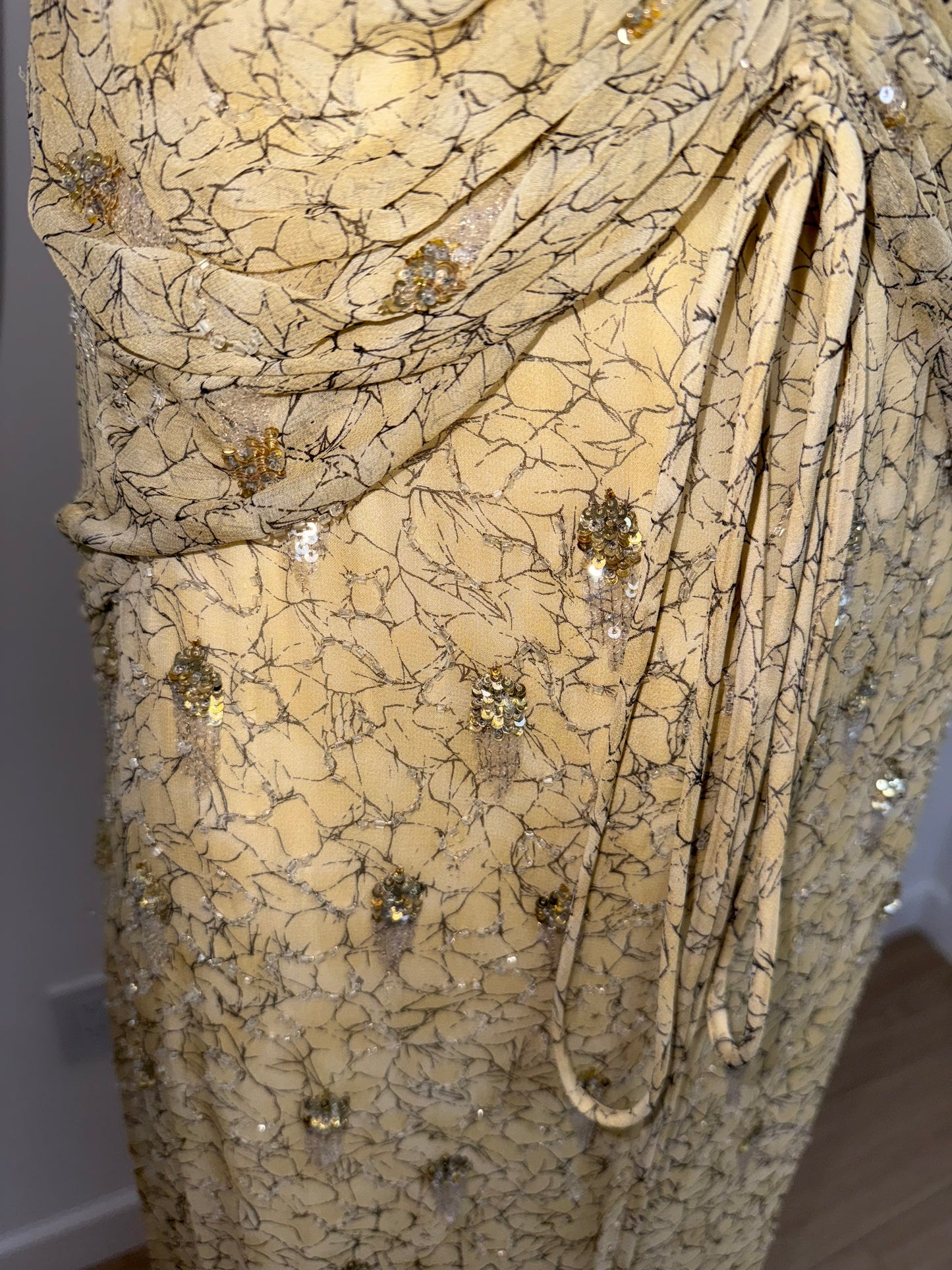 BADGLEY MISCHKA Vintage Silk Yellow Gold Embellished Gown