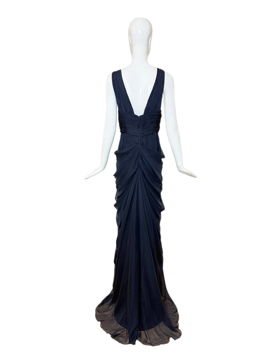 J. MENDEL Vintage Plunge Neckline Navy Blue Silk Grecian Evening Gown w. Train